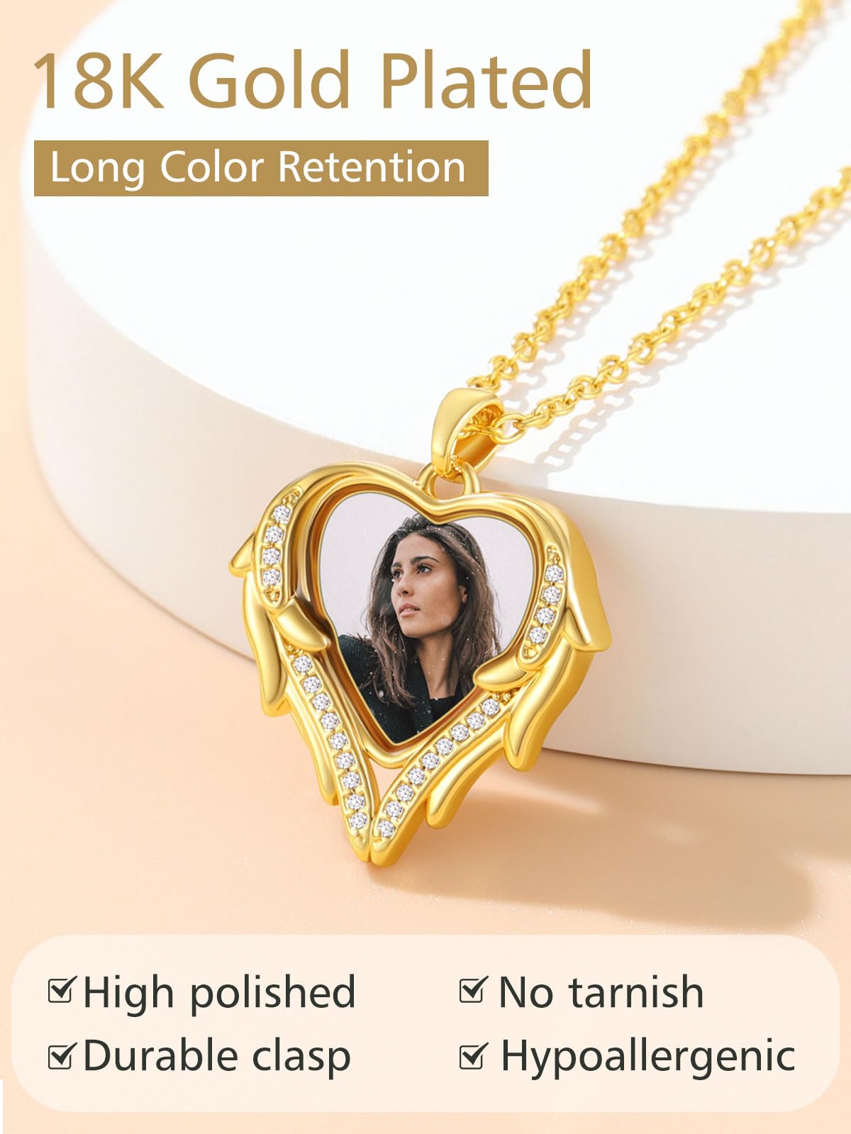 FindChic Customized Heart Photo Necklace Plain/Bling CZ/Rose/Angel Wings/Rotatable 2-Side Picture Pendant Stainless Steel/Gold Plated/Black Valentine's Jewelry Gift for Women Mom Girlfriend +Gift Box