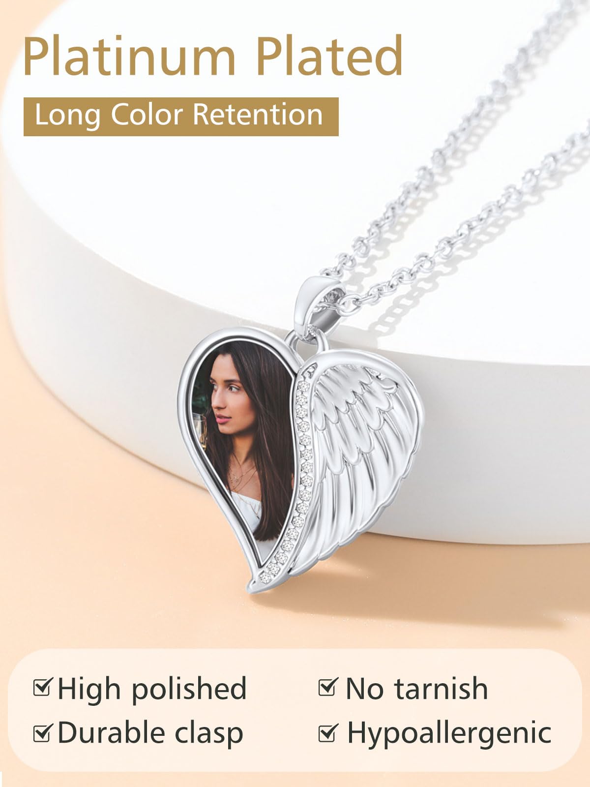 FindChic Customized Heart Photo Necklace Plain/Bling CZ/Rose/Angel Wings/Rotatable 2-Side Picture Pendant Stainless Steel/Gold Plated/Black Valentine's Jewelry Gift for Women Mom Girlfriend +Gift Box