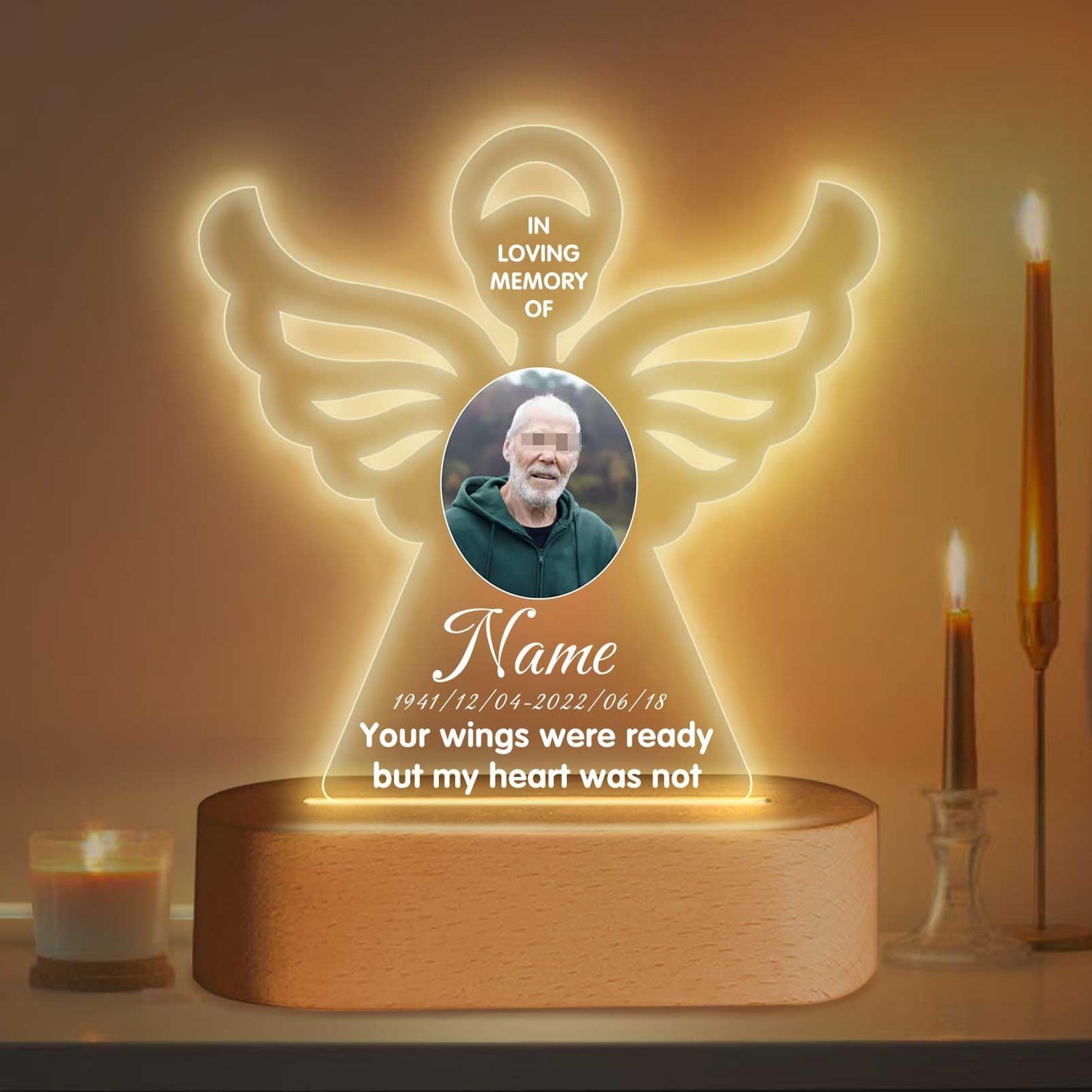 Dicodes Personalized Memorial Gift Photo Night Light Customized Light Up Acrylic Plaque Lamp Sympathy Bereavement Remembrance Gift(Love Wings)