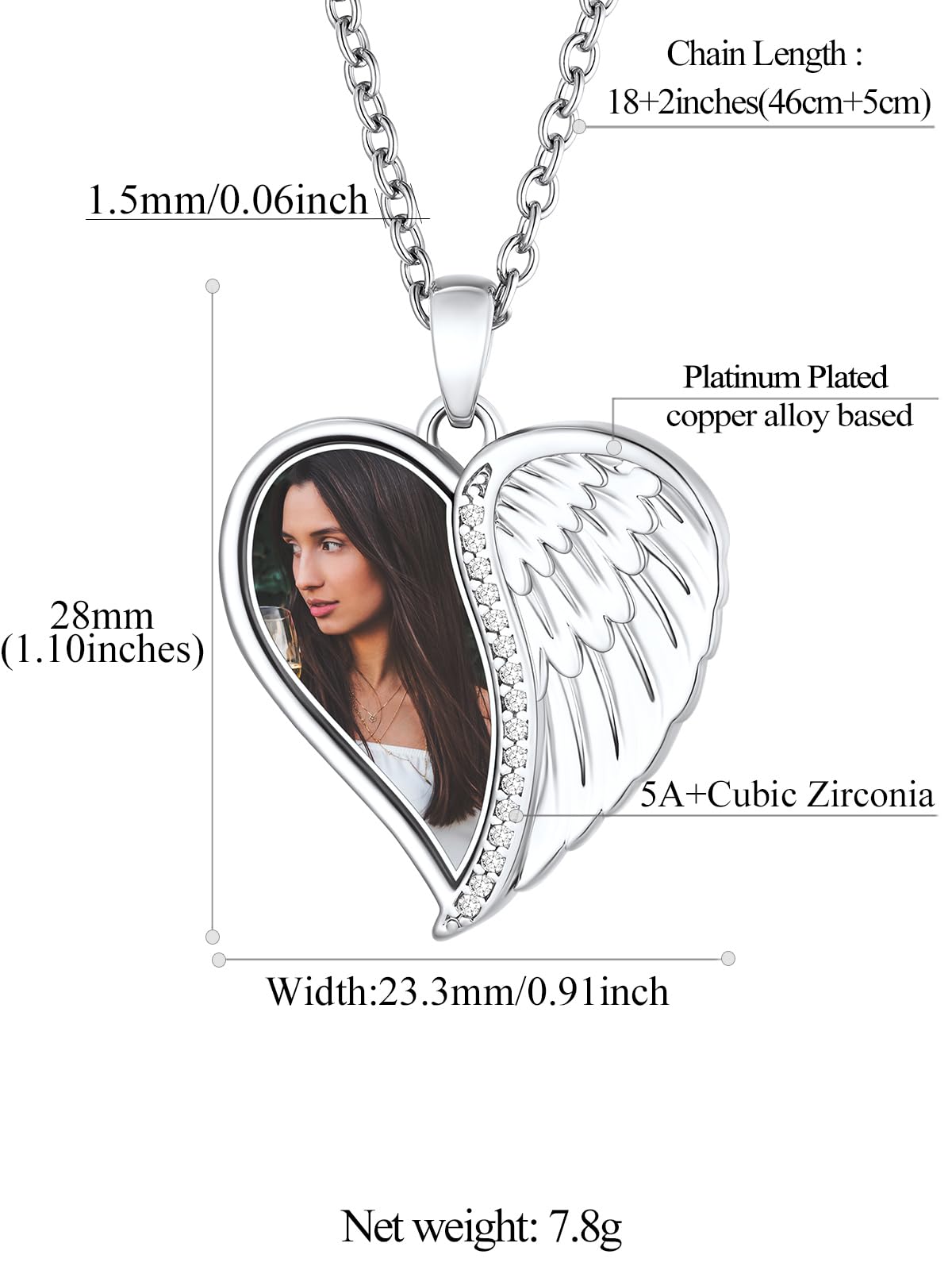 FindChic Customized Heart Photo Necklace Plain/Bling CZ/Rose/Angel Wings/Rotatable 2-Side Picture Pendant Stainless Steel/Gold Plated/Black Valentine's Jewelry Gift for Women Mom Girlfriend +Gift Box