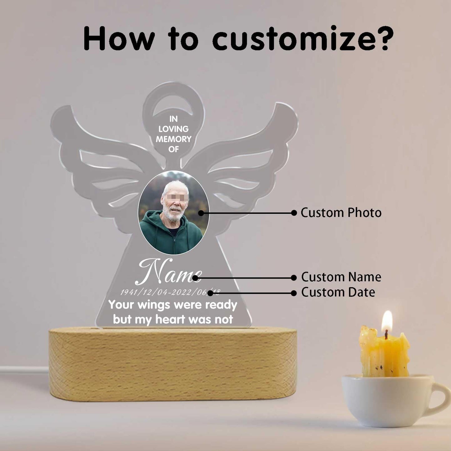 Dicodes Personalized Memorial Gift Photo Night Light Customized Light Up Acrylic Plaque Lamp Sympathy Bereavement Remembrance Gift(Love Wings)