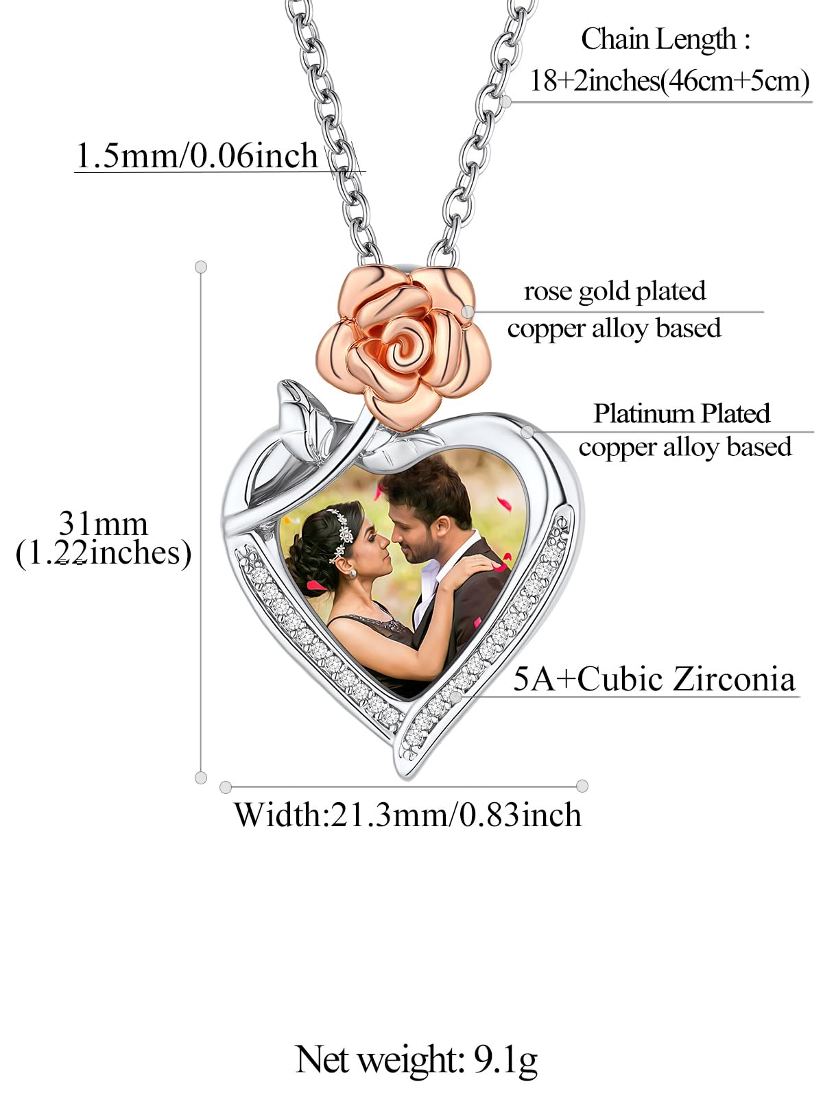 FindChic Customized Heart Photo Necklace Plain/Bling CZ/Rose/Angel Wings/Rotatable 2-Side Picture Pendant Stainless Steel/Gold Plated/Black Valentine's Jewelry Gift for Women Mom Girlfriend +Gift Box