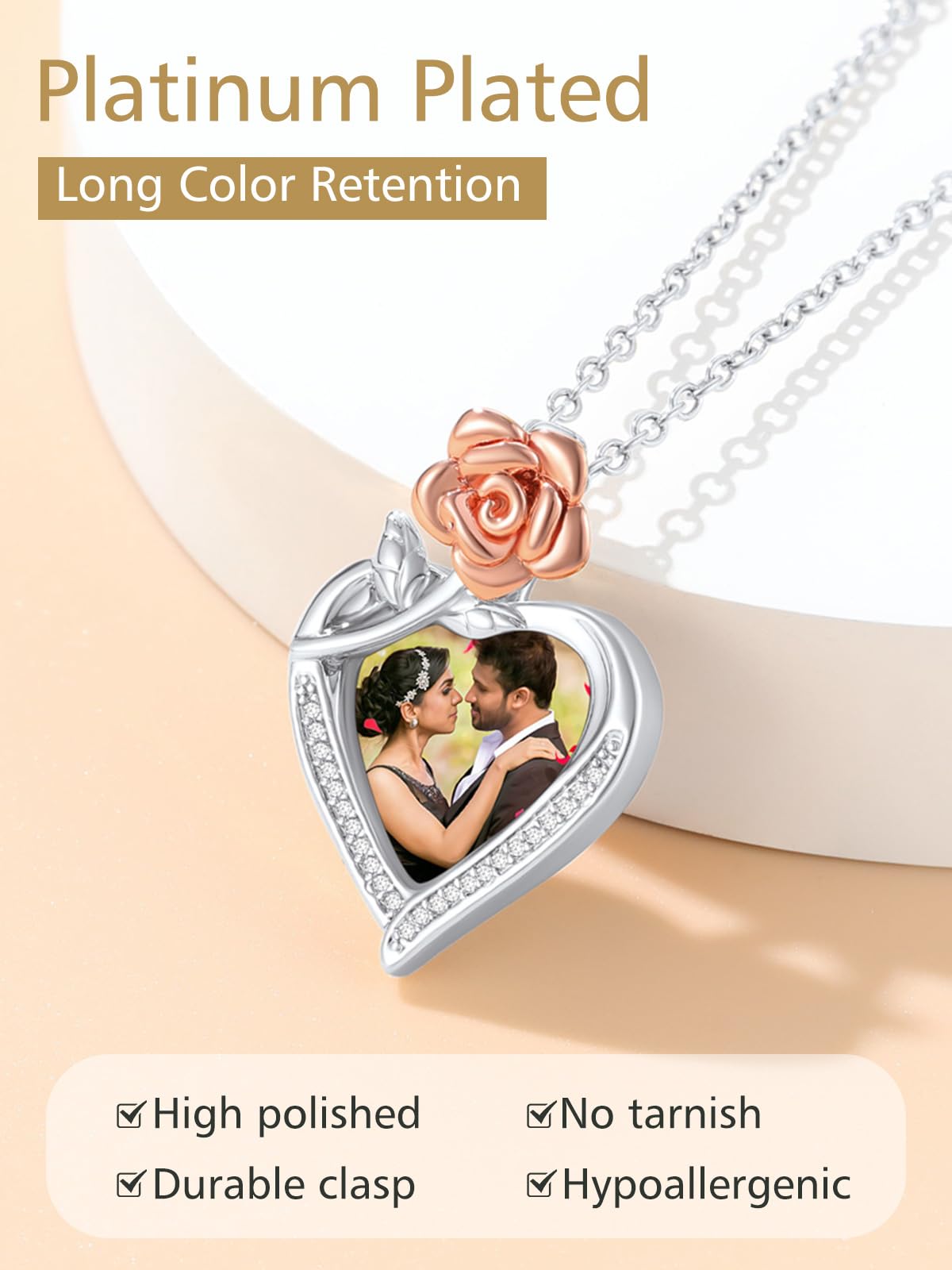 FindChic Customized Heart Photo Necklace Plain/Bling CZ/Rose/Angel Wings/Rotatable 2-Side Picture Pendant Stainless Steel/Gold Plated/Black Valentine's Jewelry Gift for Women Mom Girlfriend +Gift Box