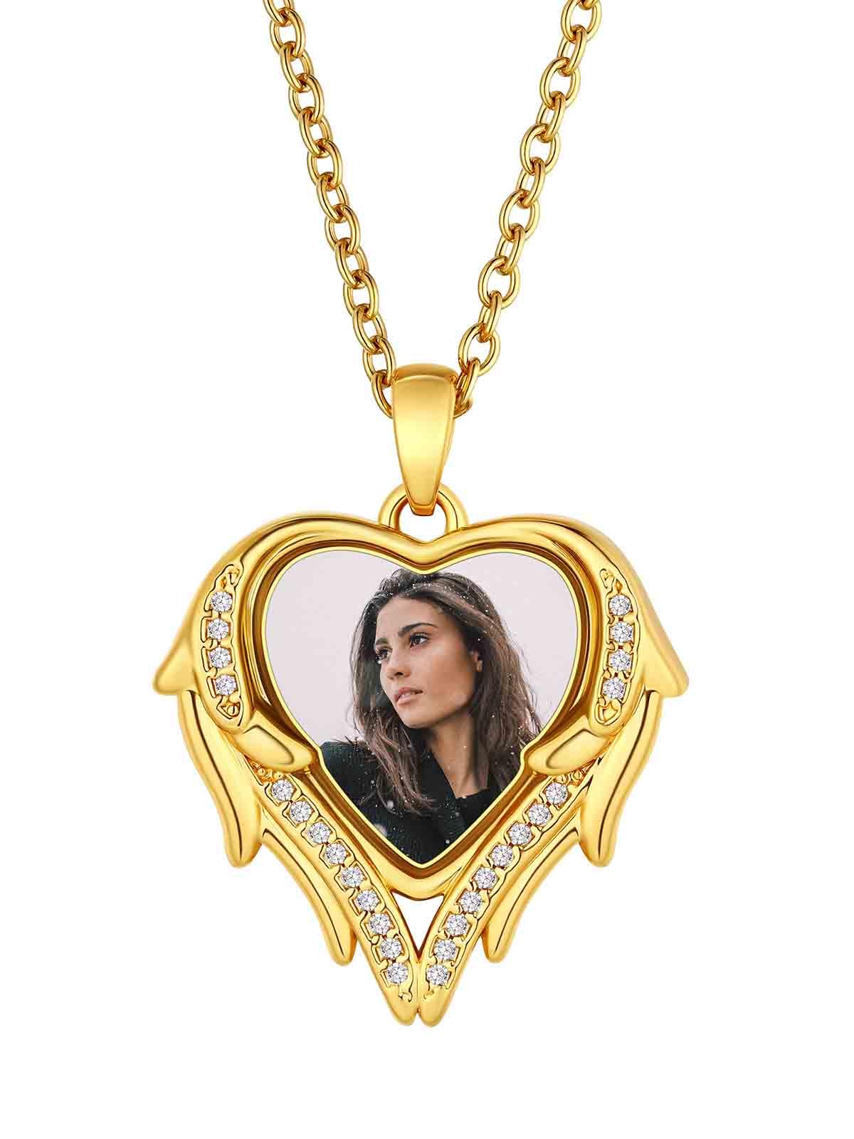 FindChic Customized Heart Photo Necklace Plain/Bling CZ/Rose/Angel Wings/Rotatable 2-Side Picture Pendant Stainless Steel/Gold Plated/Black Valentine's Jewelry Gift for Women Mom Girlfriend +Gift Box