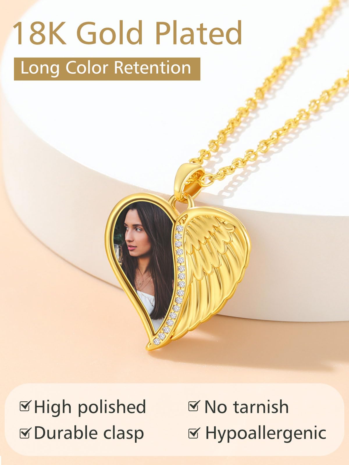 FindChic Customized Heart Photo Necklace Plain/Bling CZ/Rose/Angel Wings/Rotatable 2-Side Picture Pendant Stainless Steel/Gold Plated/Black Valentine's Jewelry Gift for Women Mom Girlfriend +Gift Box