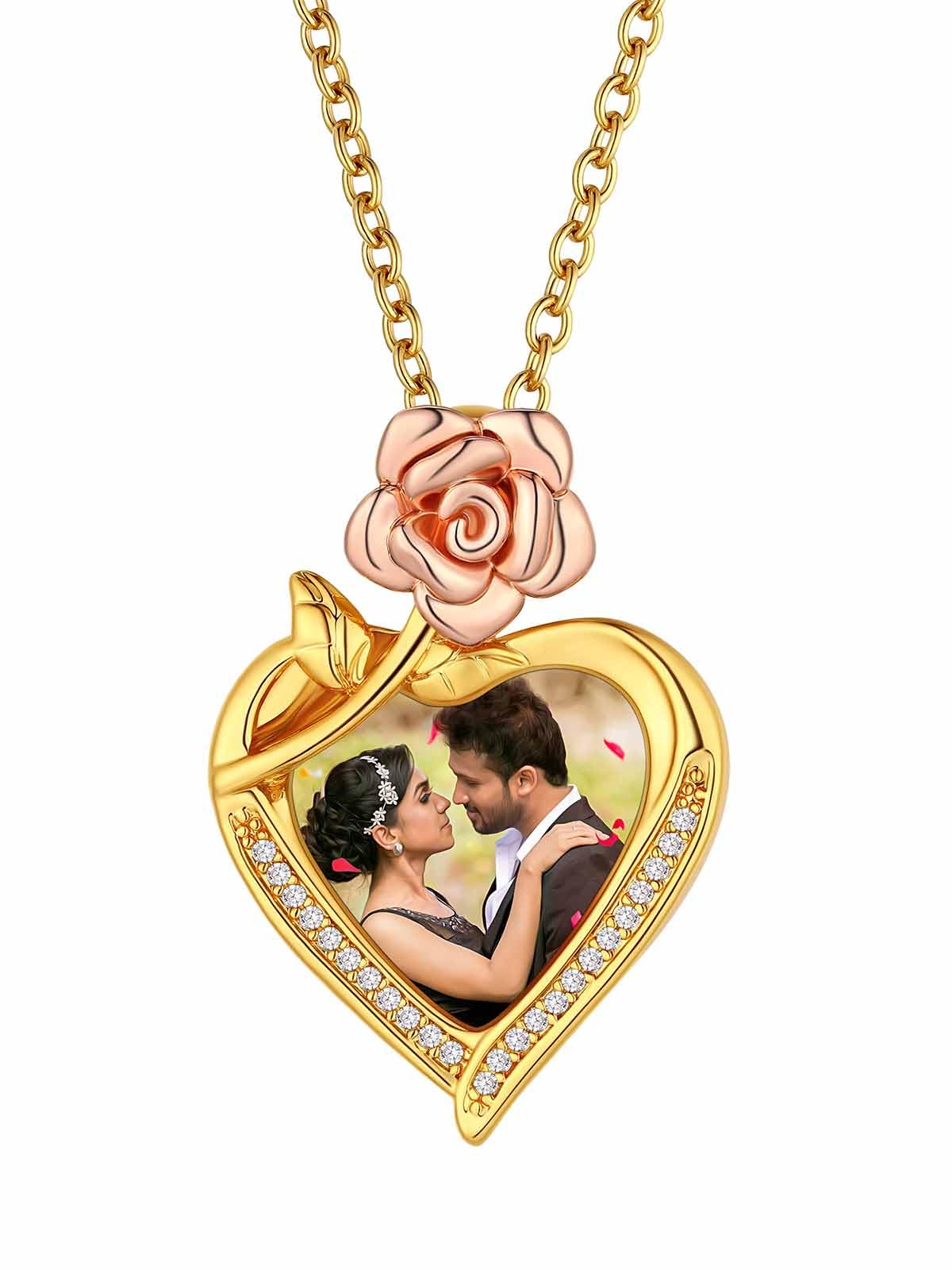 FindChic Customized Heart Photo Necklace Plain/Bling CZ/Rose/Angel Wings/Rotatable 2-Side Picture Pendant Stainless Steel/Gold Plated/Black Valentine's Jewelry Gift for Women Mom Girlfriend +Gift Box