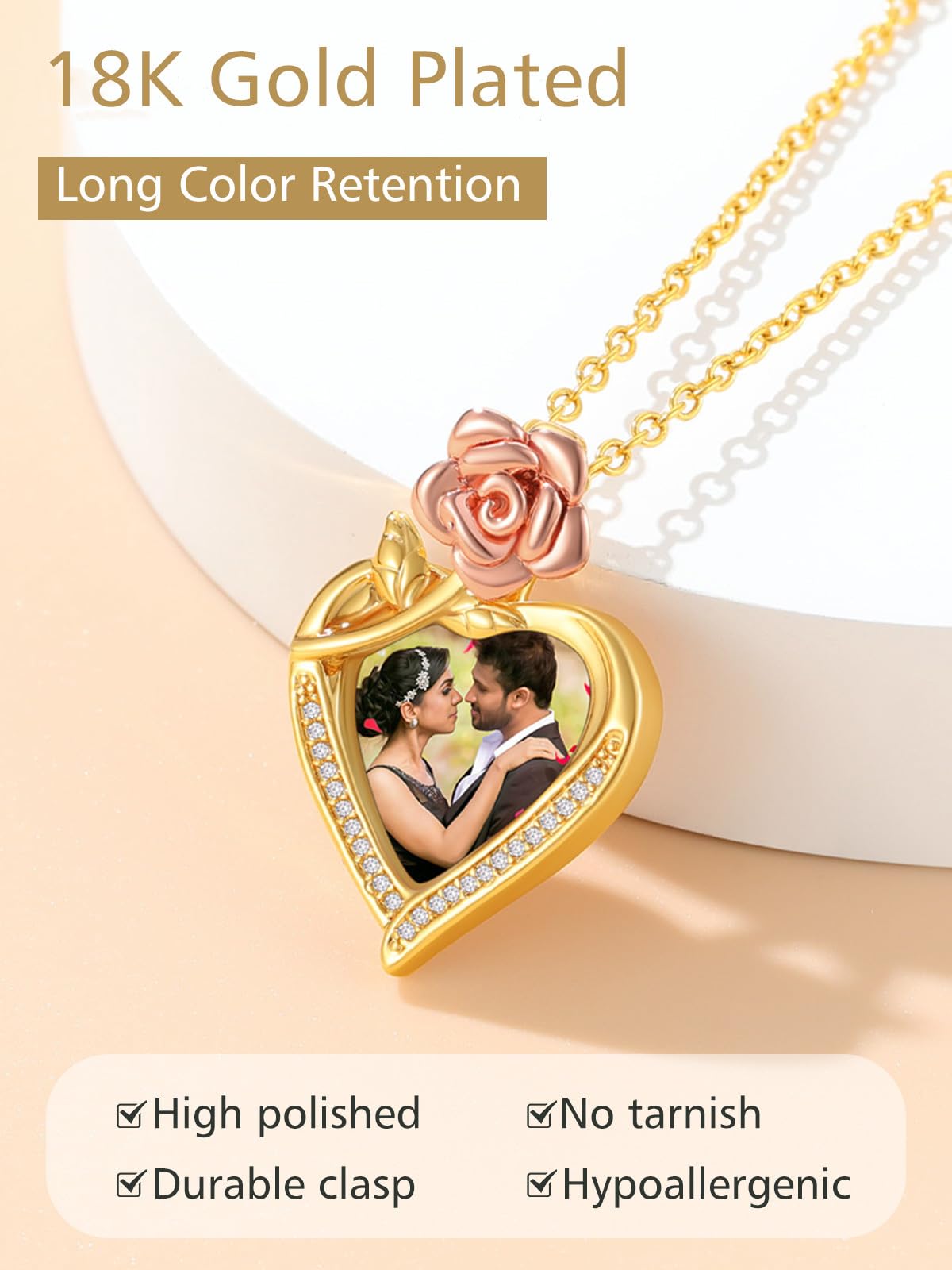 FindChic Customized Heart Photo Necklace Plain/Bling CZ/Rose/Angel Wings/Rotatable 2-Side Picture Pendant Stainless Steel/Gold Plated/Black Valentine's Jewelry Gift for Women Mom Girlfriend +Gift Box