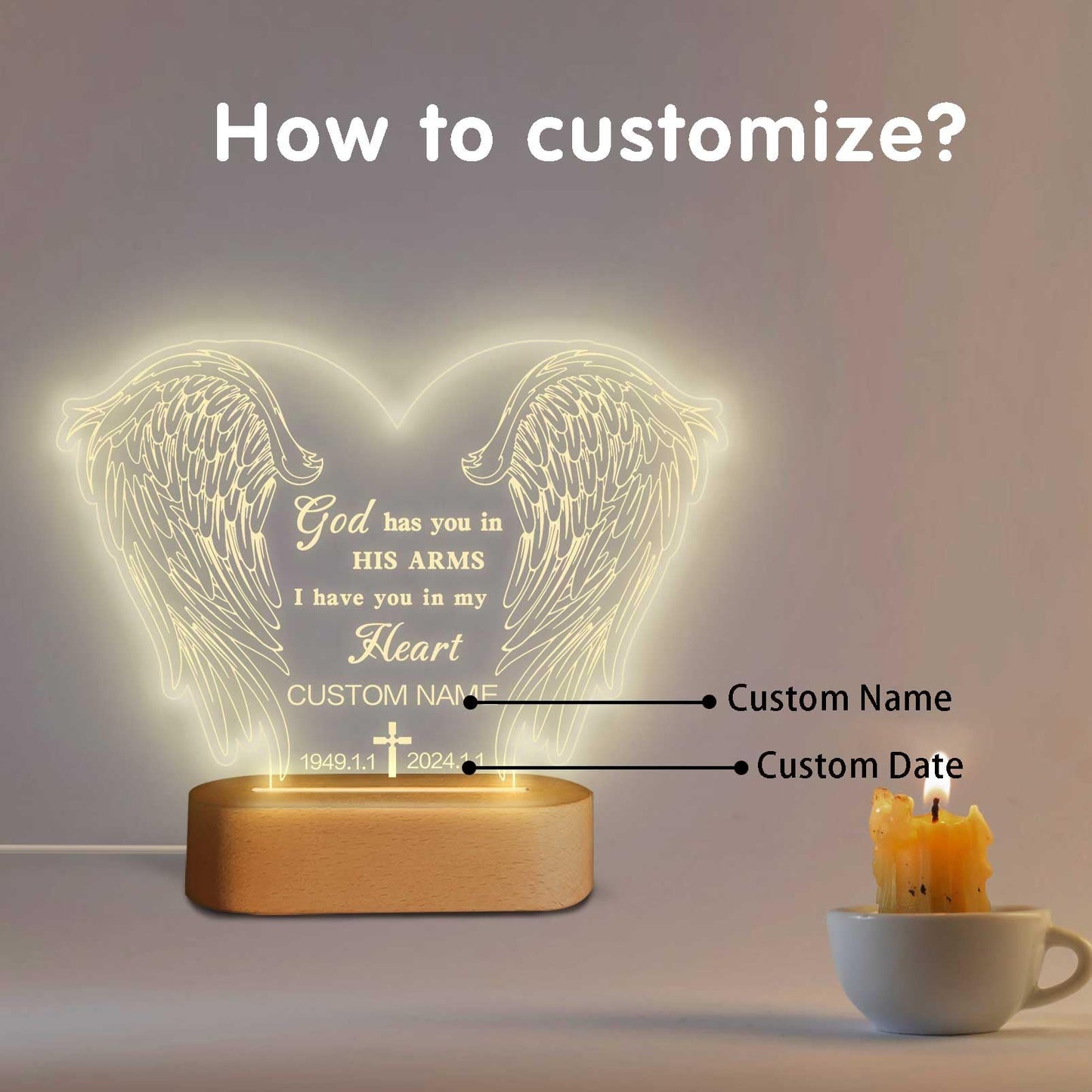 Dicodes Personalized Memorial Gift Photo Night Light Customized Light Up Acrylic Plaque Lamp Sympathy Bereavement Remembrance Gift(Love Wings)