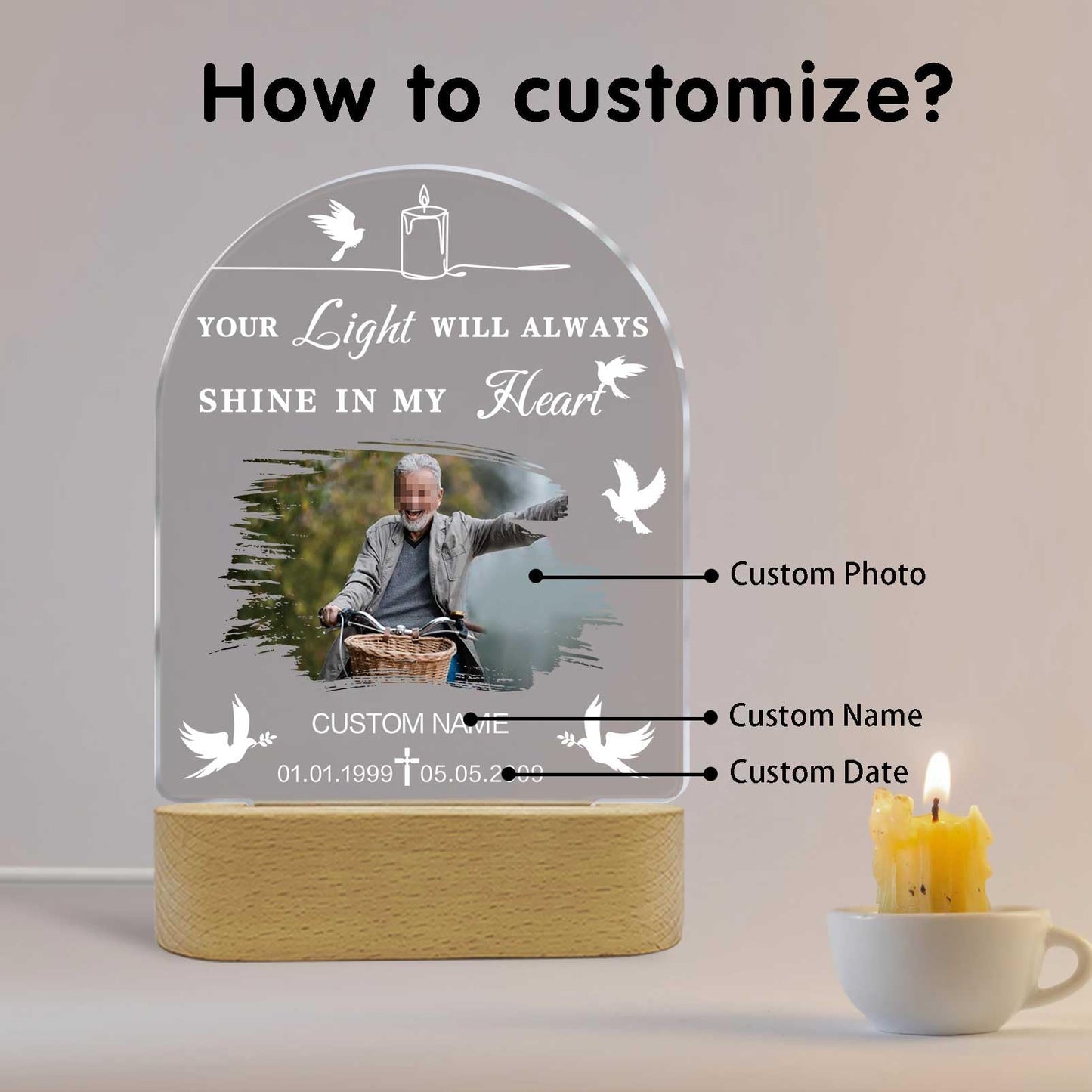 Dicodes Personalized Memorial Gift Photo Night Light Customized Light Up Acrylic Plaque Lamp Sympathy Bereavement Remembrance Gift(Love Wings)