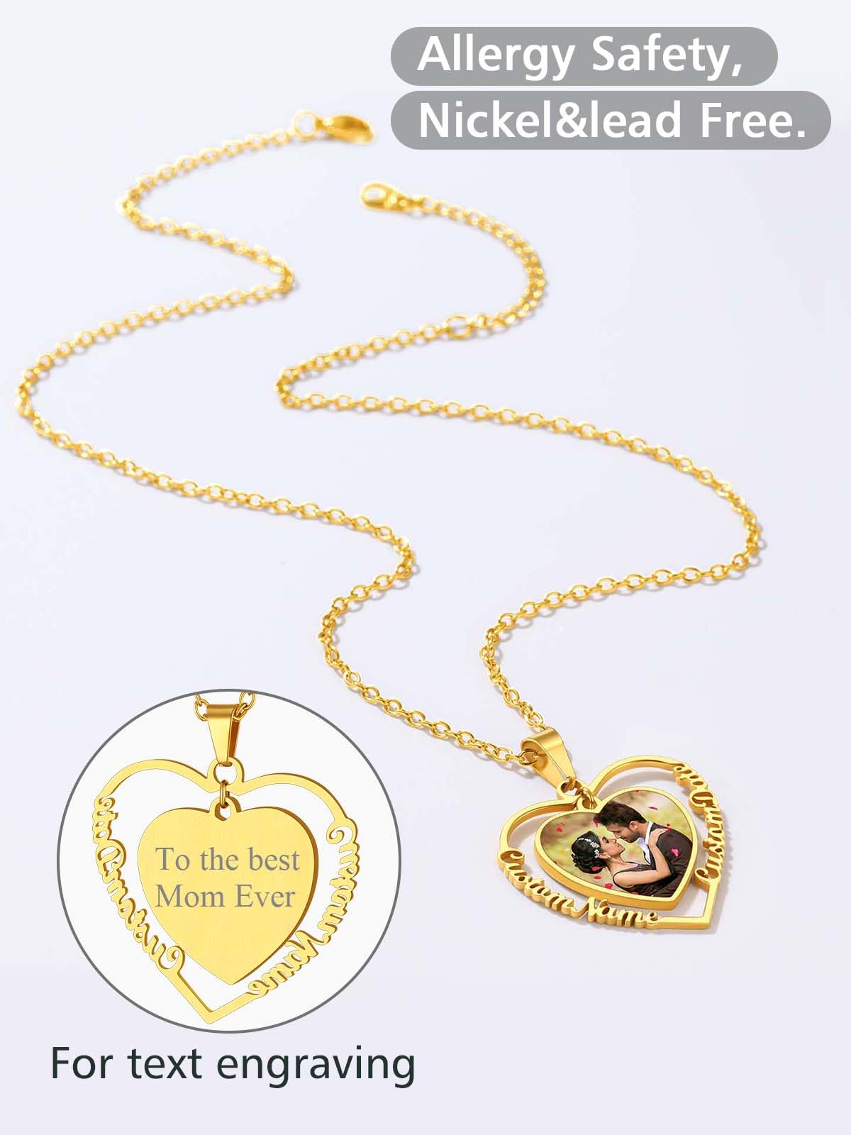 FindChic Customized Heart Photo Necklace Plain/Bling CZ/Rose/Angel Wings/Rotatable 2-Side Picture Pendant Stainless Steel/Gold Plated/Black Valentine's Jewelry Gift for Women Mom Girlfriend +Gift Box