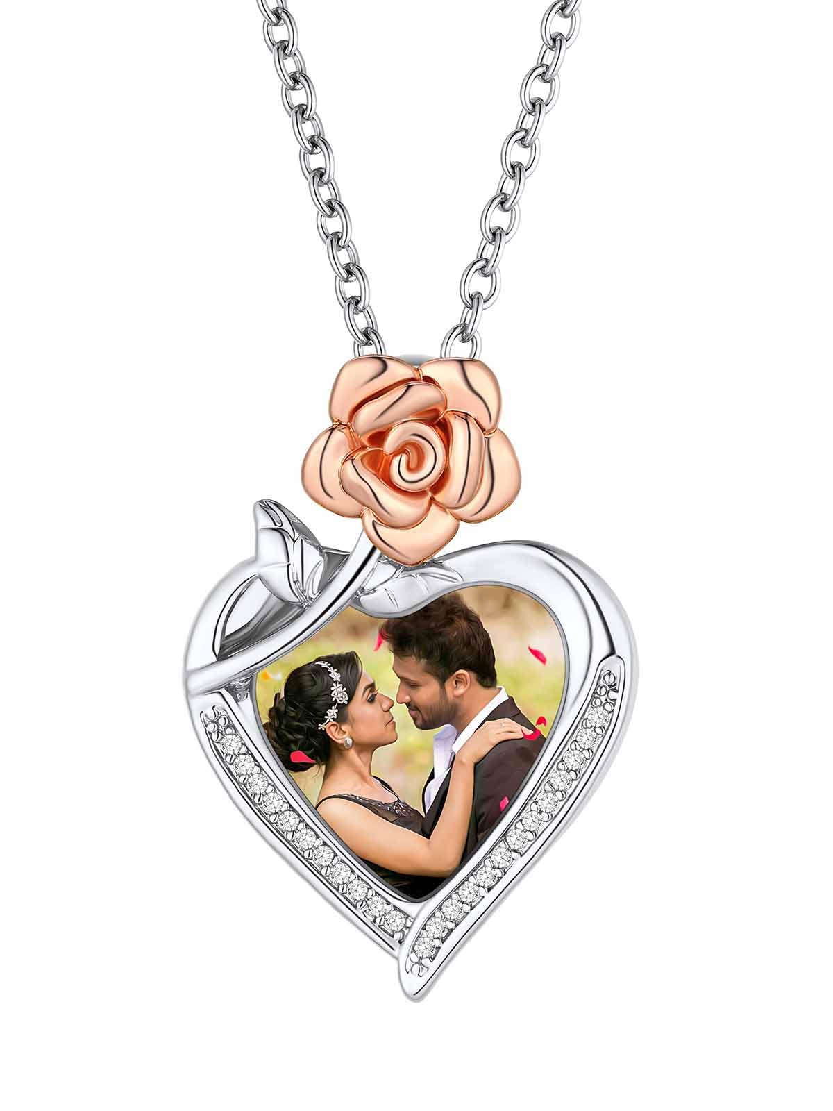 FindChic Customized Heart Photo Necklace Plain/Bling CZ/Rose/Angel Wings/Rotatable 2-Side Picture Pendant Stainless Steel/Gold Plated/Black Valentine's Jewelry Gift for Women Mom Girlfriend +Gift Box