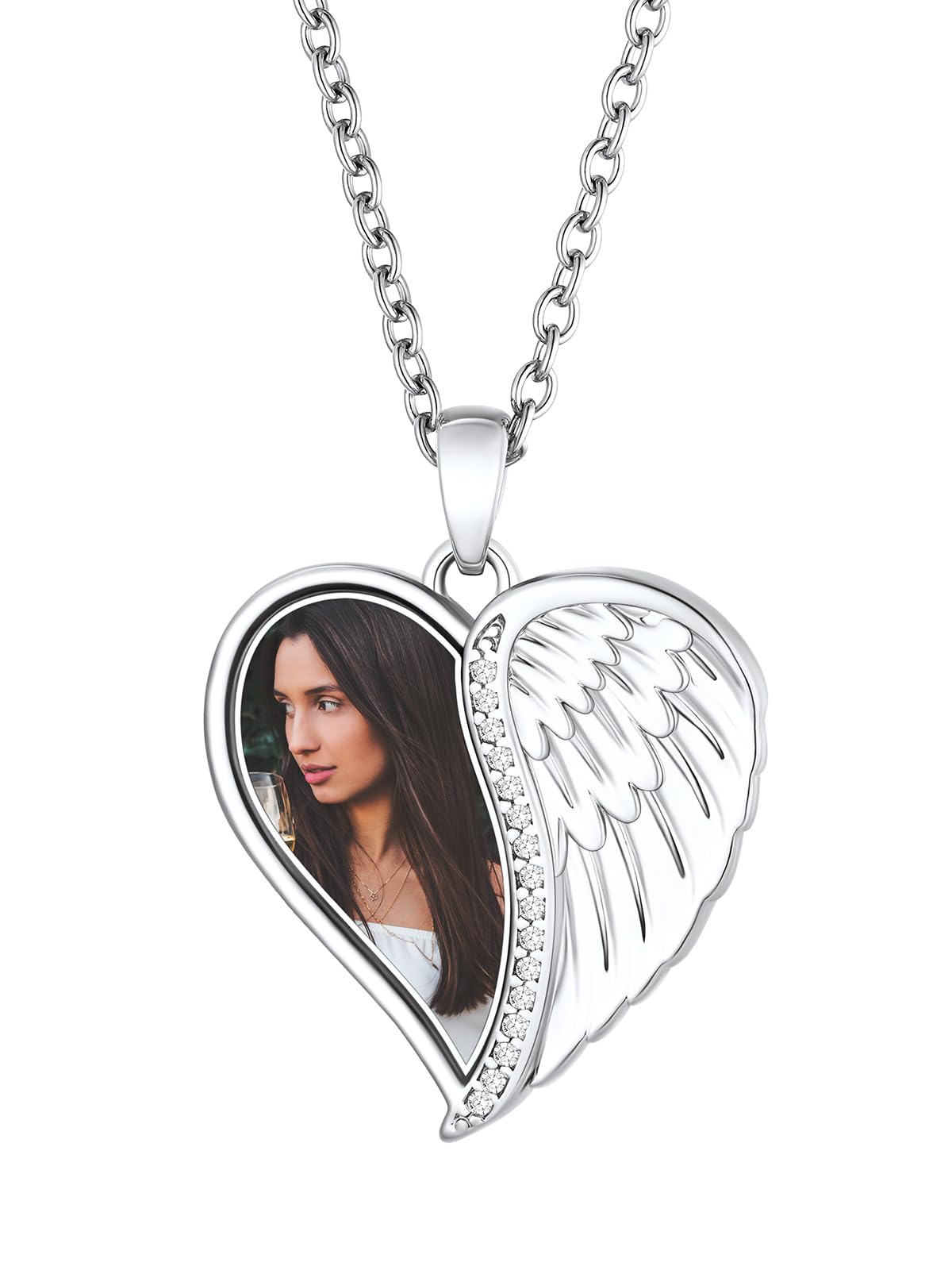 FindChic Customized Heart Photo Necklace Plain/Bling CZ/Rose/Angel Wings/Rotatable 2-Side Picture Pendant Stainless Steel/Gold Plated/Black Valentine's Jewelry Gift for Women Mom Girlfriend +Gift Box