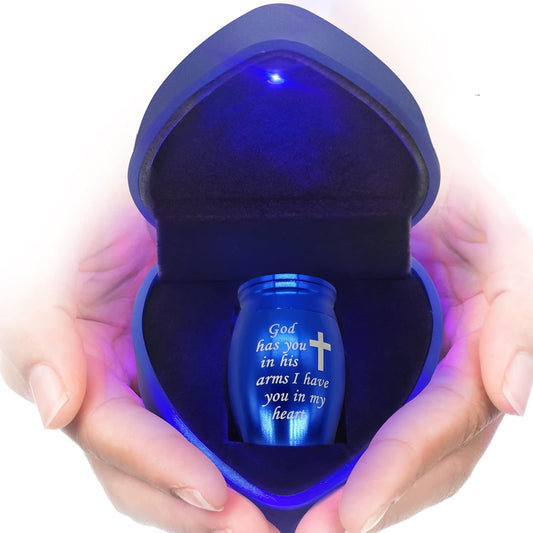 Small Urns for Ashes Keepsake Comes with Heart Box w/Light(Battery Replaceable)- Best Memorial Gifts for Loss of Loved One - Mini Cremation Urn w/Urn Necklace - Miniature Ashes Holder Tiny Sharing Urn