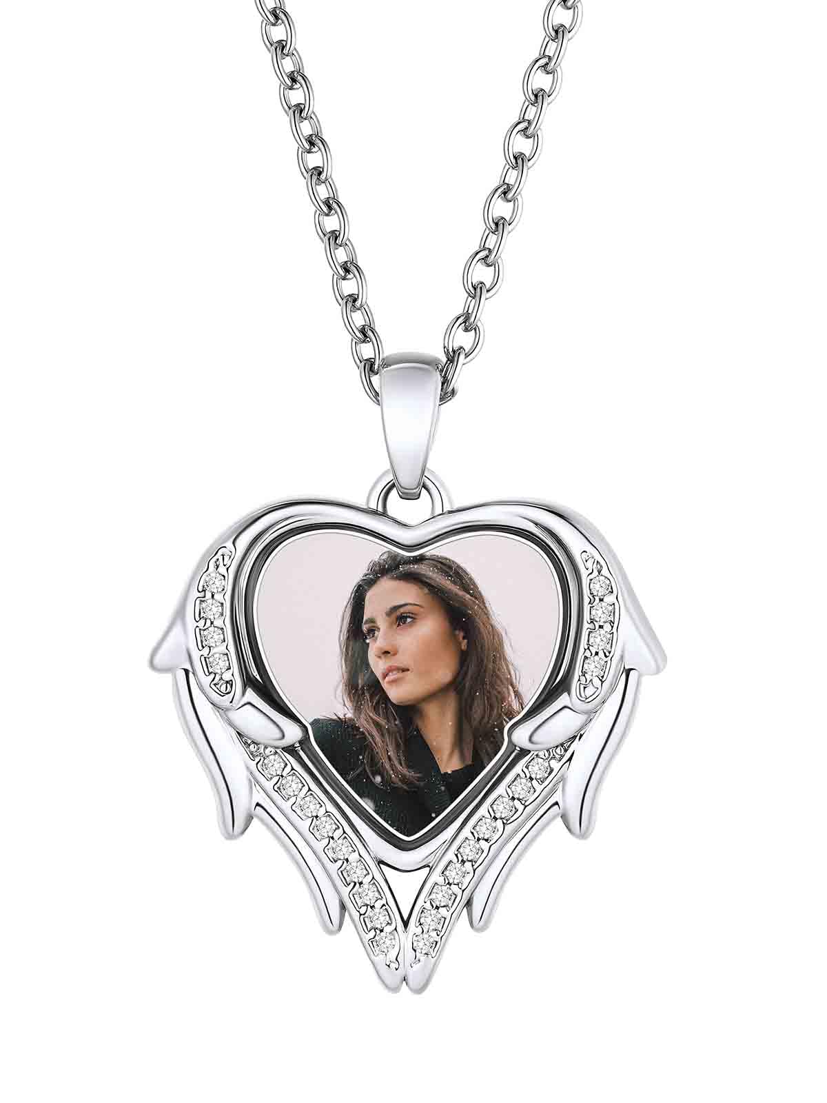 FindChic Customized Heart Photo Necklace Plain/Bling CZ/Rose/Angel Wings/Rotatable 2-Side Picture Pendant Stainless Steel/Gold Plated/Black Valentine's Jewelry Gift for Women Mom Girlfriend +Gift Box