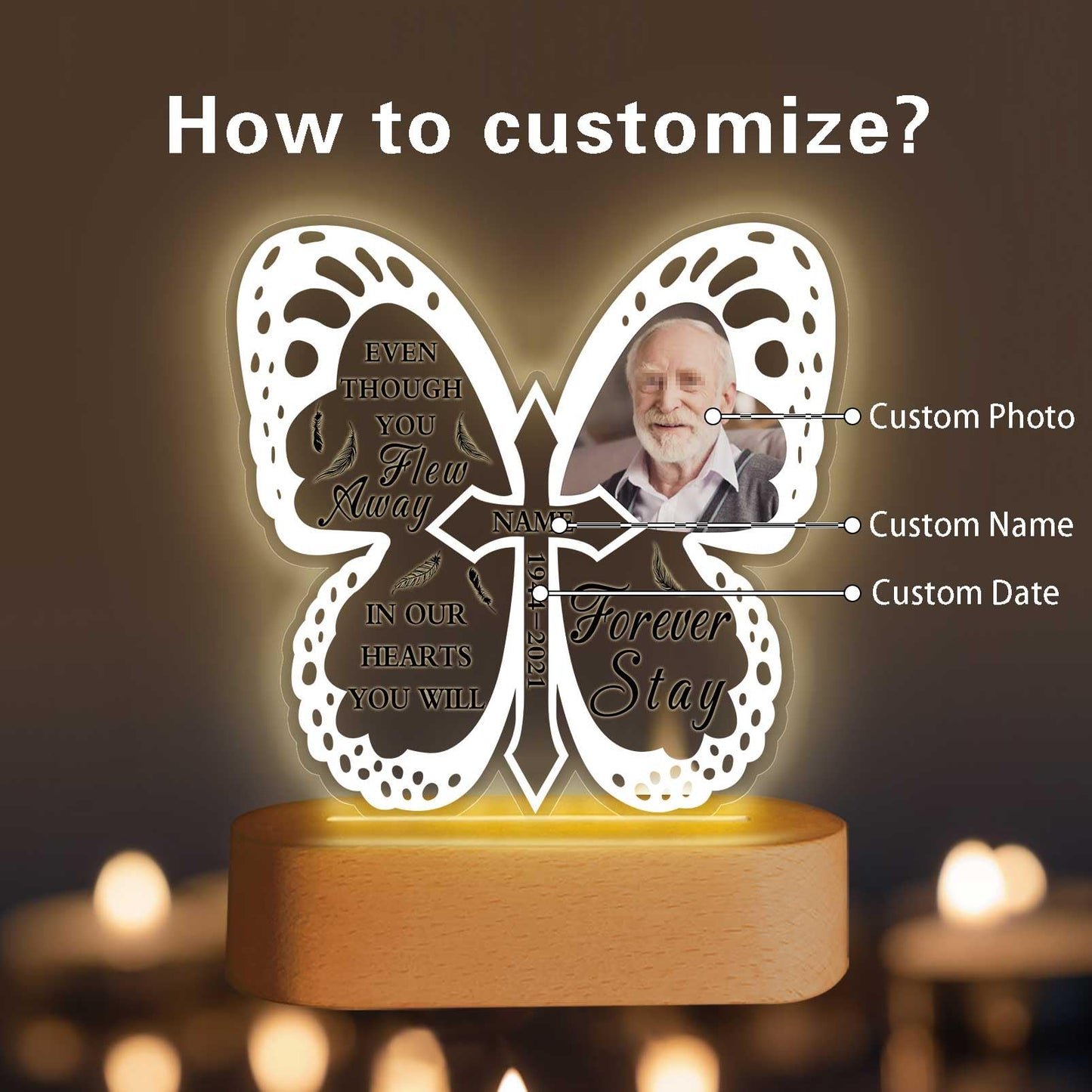 Custom Memorial Night Light Gift Personalized Light Up Acrylic Plaque Lamp Sympathy Gift Condolence Gifts with Picture Name Date(Heart Wing)