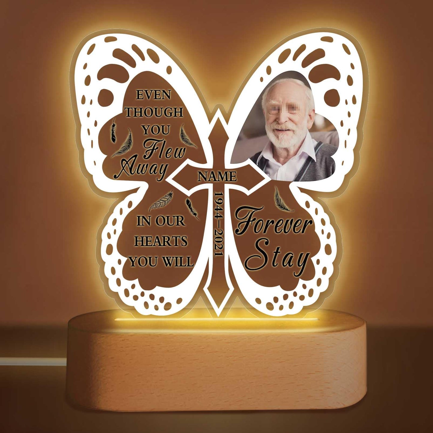 Custom Memorial Night Light Gift Personalized Light Up Acrylic Plaque Lamp Sympathy Gift Condolence Gifts with Picture Name Date(Heart Wing)