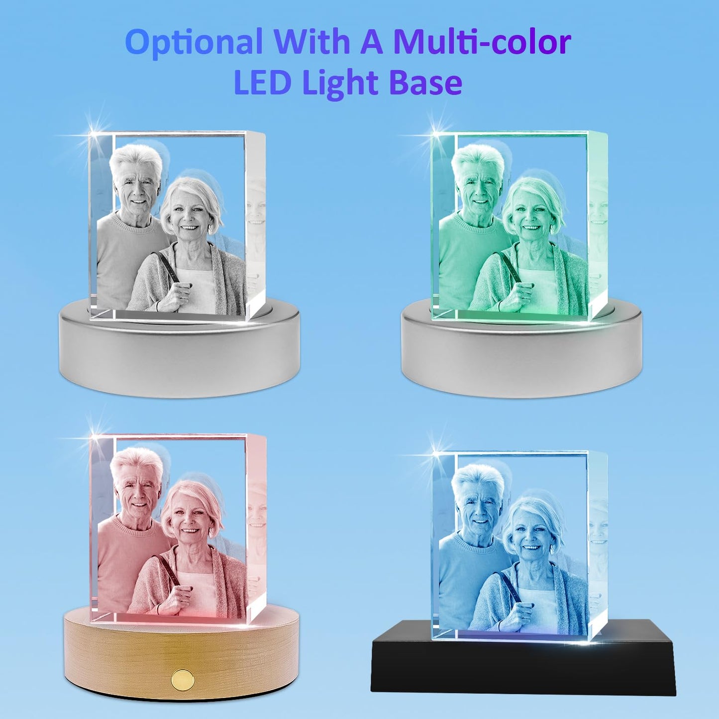 3D Crystal Photo with LED Light Base, Personalized Gifts with Your Own Photo, Laser Engraving 3D Pictures and Customized Text, Small