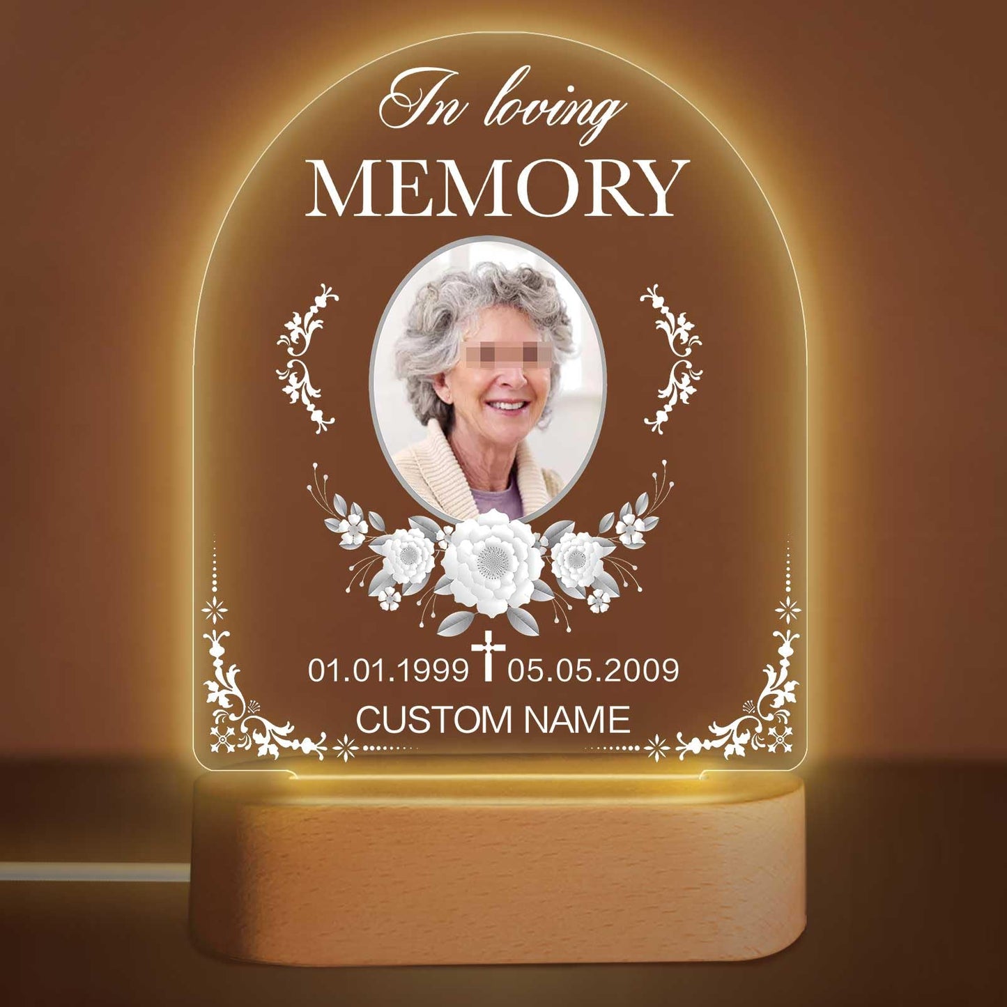 Custom Memorial Night Light Gift Personalized Light Up Acrylic Plaque Lamp Sympathy Gift Condolence Gifts with Picture Name Date(Heart Wing)