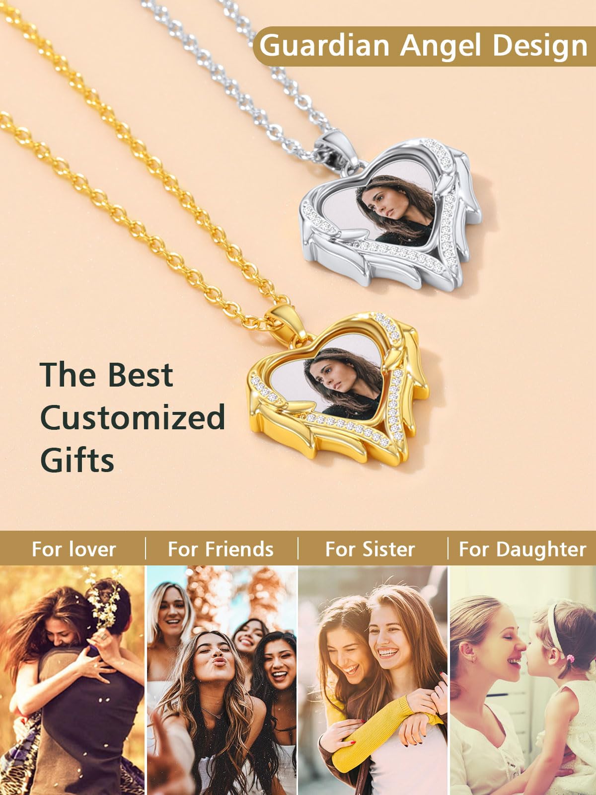 FindChic Customized Heart Photo Necklace Plain/Bling CZ/Rose/Angel Wings/Rotatable 2-Side Picture Pendant Stainless Steel/Gold Plated/Black Valentine's Jewelry Gift for Women Mom Girlfriend +Gift Box