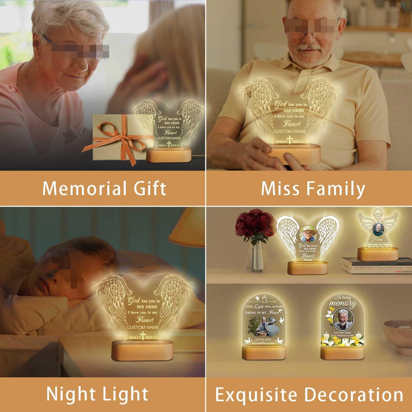 Dicodes Personalized Memorial Gift Photo Night Light Customized Light Up Acrylic Plaque Lamp Sympathy Bereavement Remembrance Gift(Love Wings)