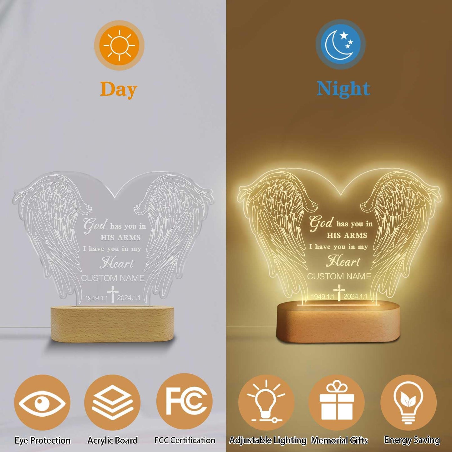 Dicodes Personalized Memorial Gift Photo Night Light Customized Light Up Acrylic Plaque Lamp Sympathy Bereavement Remembrance Gift(Love Wings)