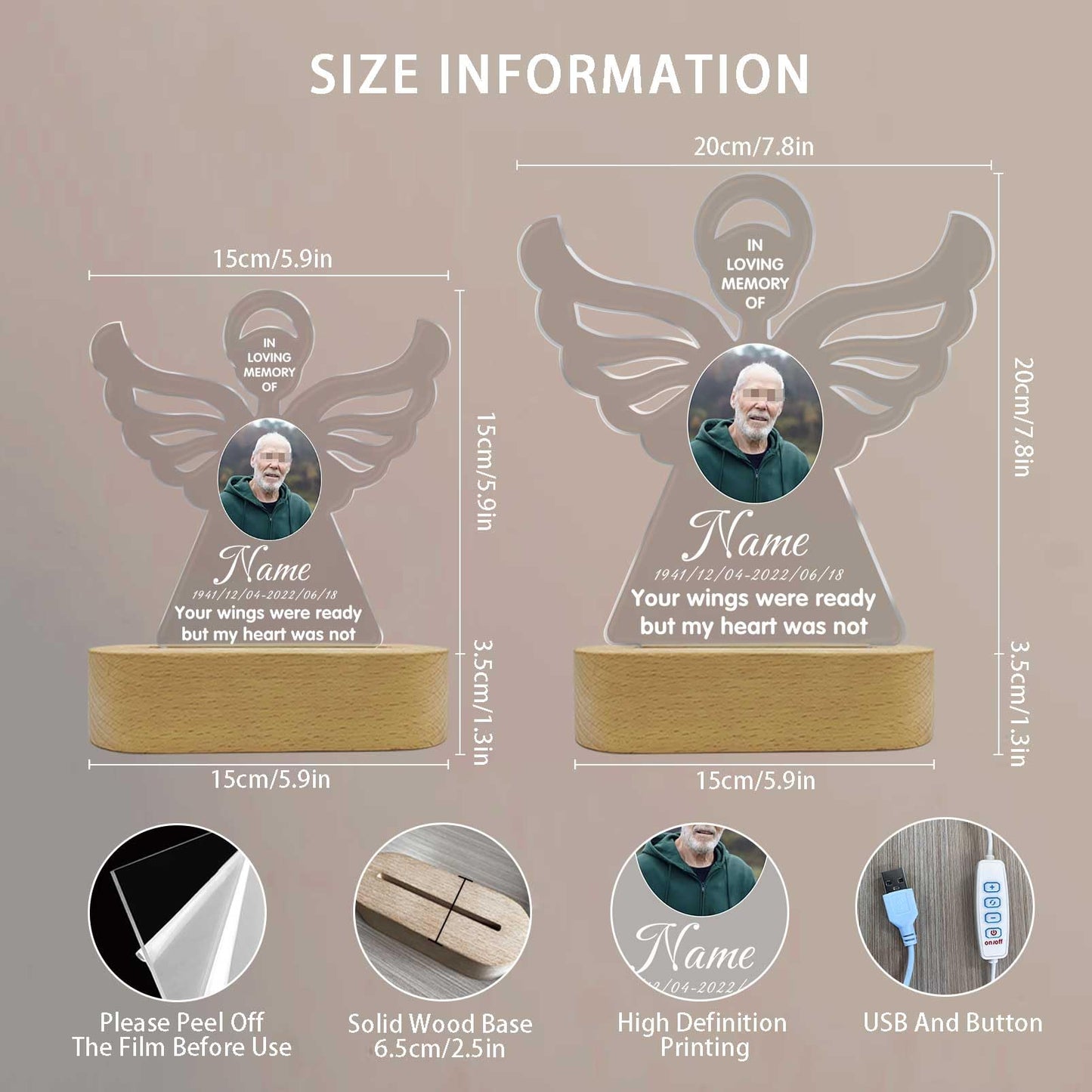 Dicodes Personalized Memorial Gift Photo Night Light Customized Light Up Acrylic Plaque Lamp Sympathy Bereavement Remembrance Gift(Love Wings)