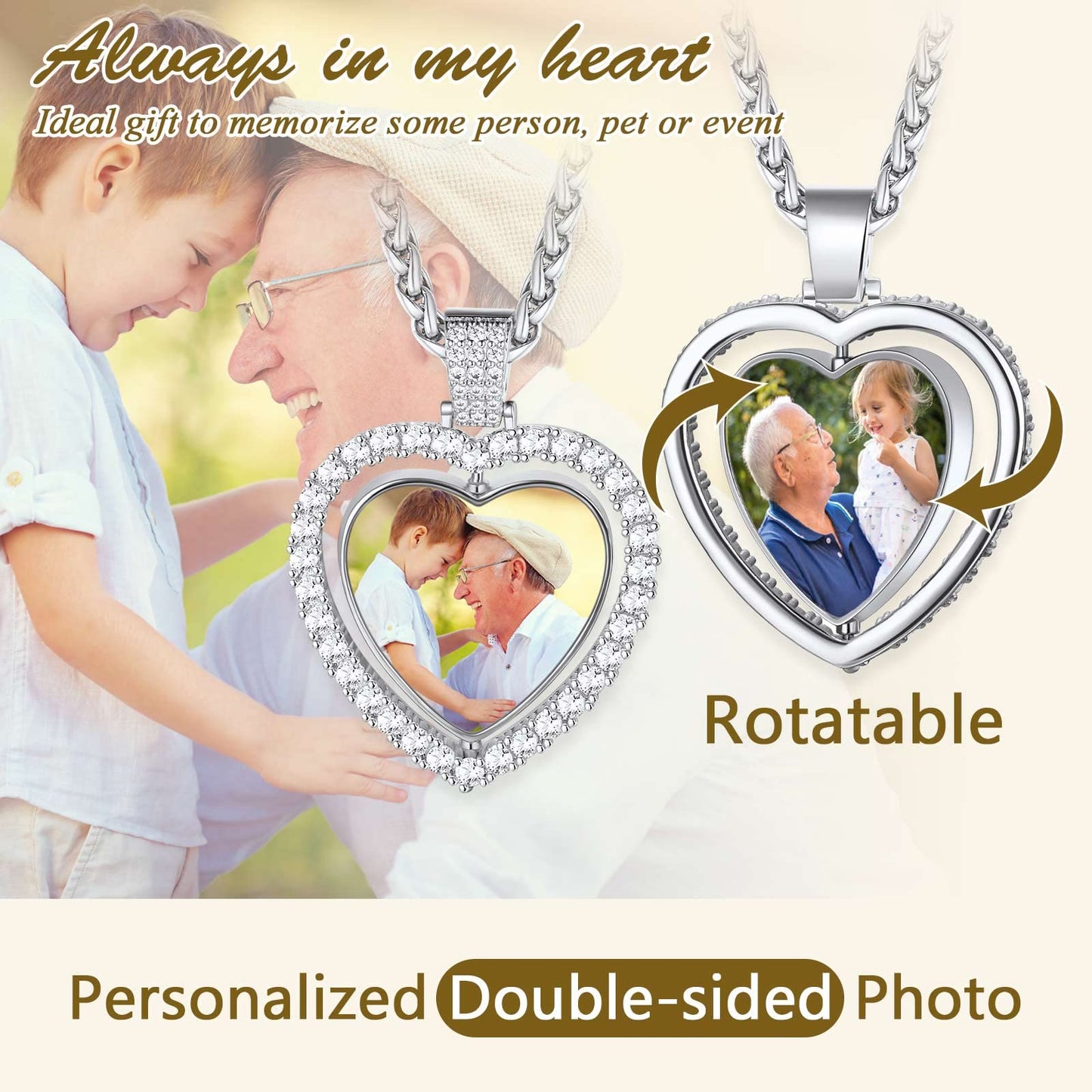 FindChic Customized Heart Photo Necklace Plain/Bling CZ/Rose/Angel Wings/Rotatable 2-Side Picture Pendant Stainless Steel/Gold Plated/Black Valentine's Jewelry Gift for Women Mom Girlfriend +Gift Box