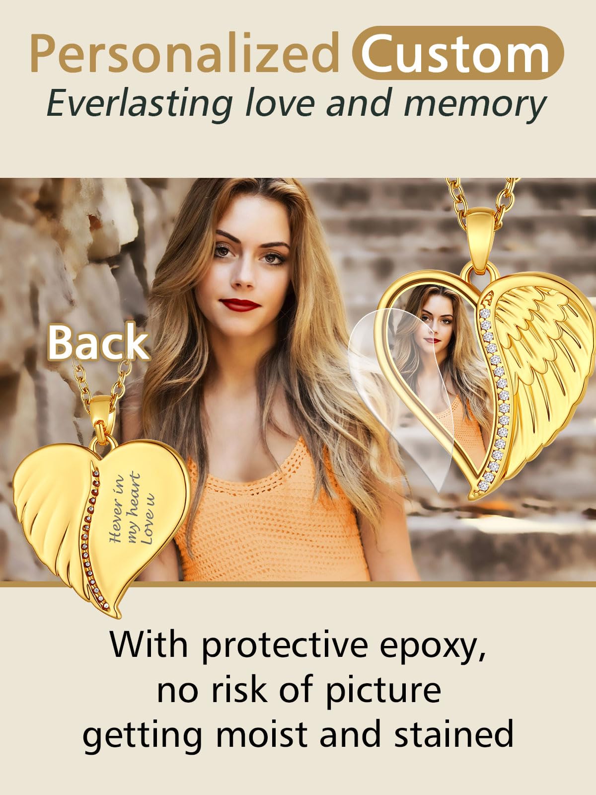 FindChic Customized Heart Photo Necklace Plain/Bling CZ/Rose/Angel Wings/Rotatable 2-Side Picture Pendant Stainless Steel/Gold Plated/Black Valentine's Jewelry Gift for Women Mom Girlfriend +Gift Box