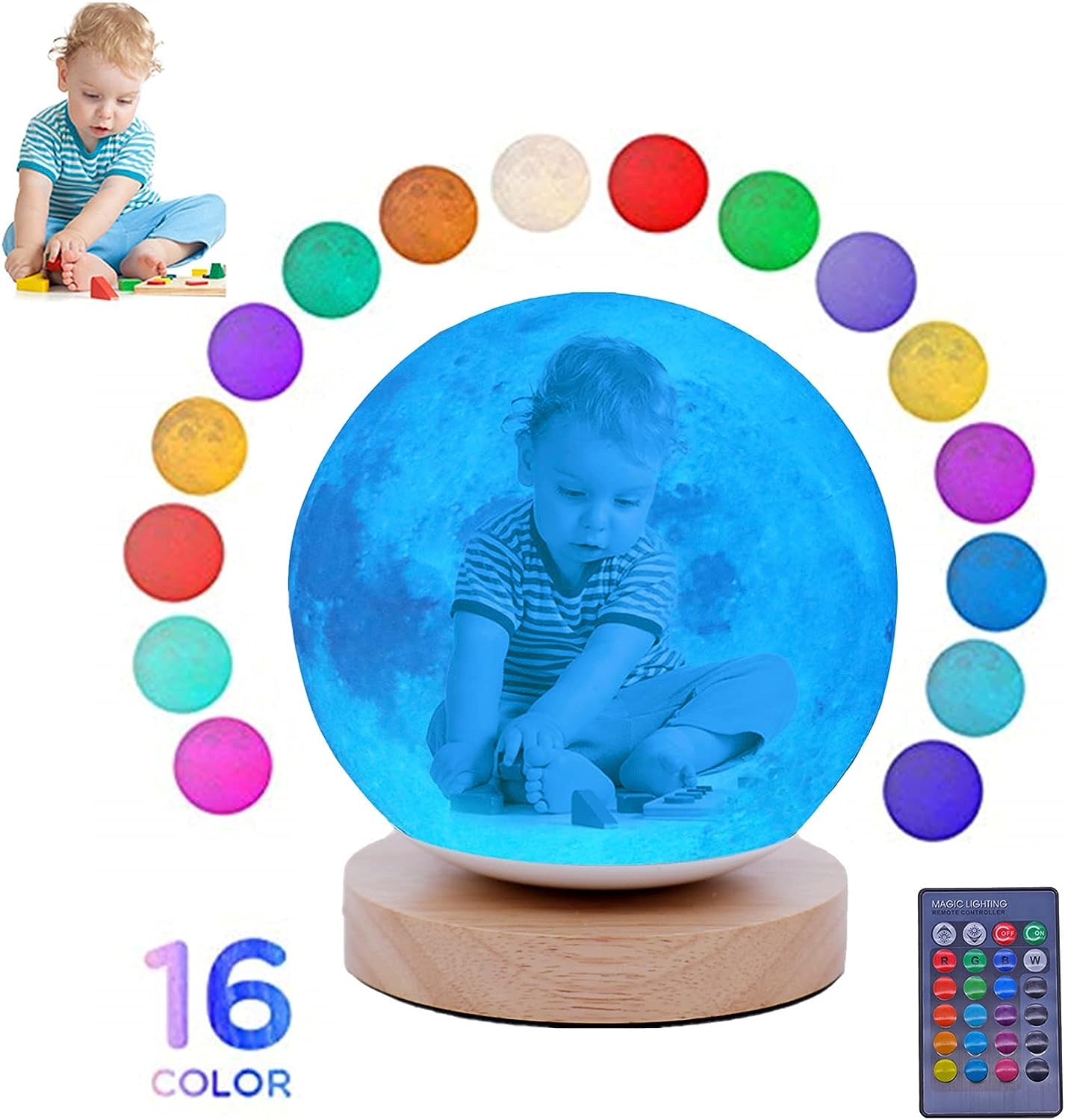 16 Colors Personalized Photo Night Light Customized 3D Printing USB Charging Moon Lamp Moon Light Night Light for Kids Gift for Women Christmas Gift(White 5.9inch/15cm)