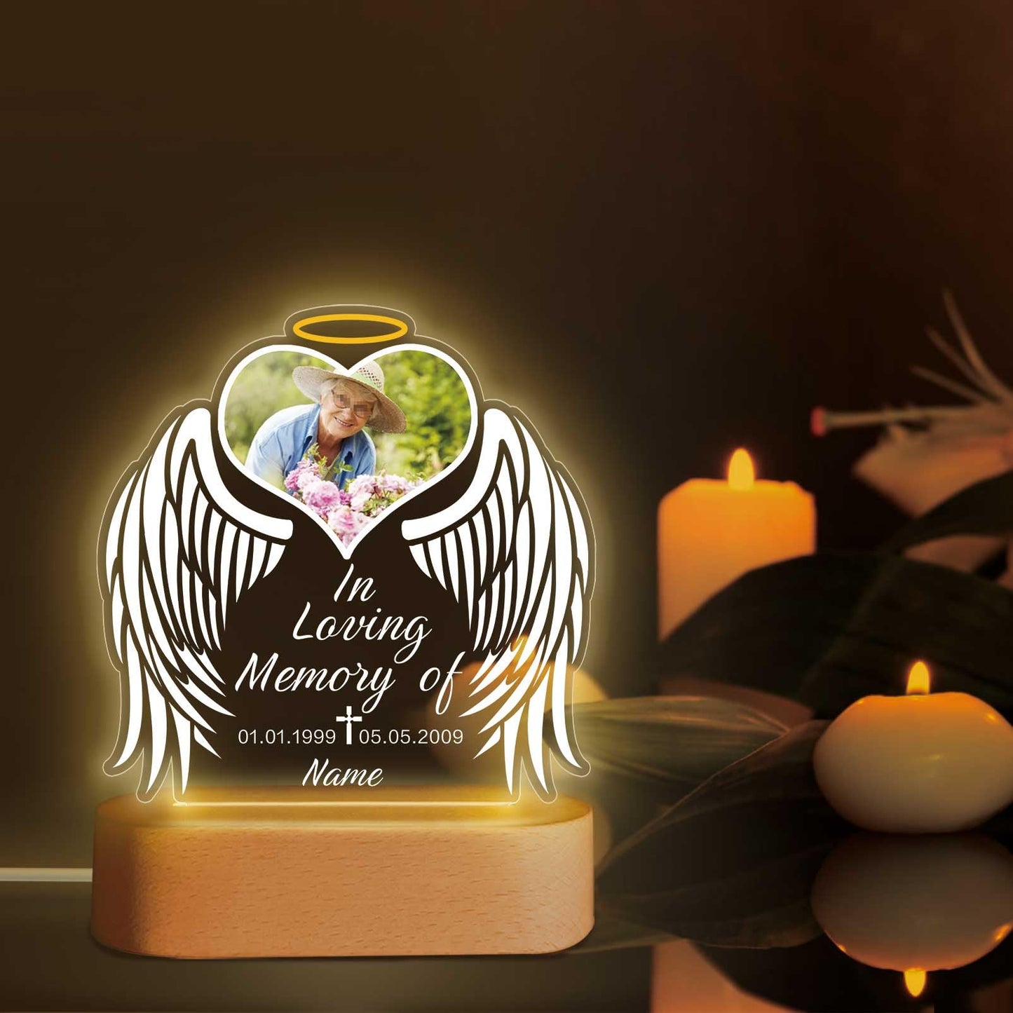 Custom Memorial Night Light Gift Personalized Light Up Acrylic Plaque Lamp Sympathy Gift Condolence Gifts with Picture Name Date(Heart Wing)