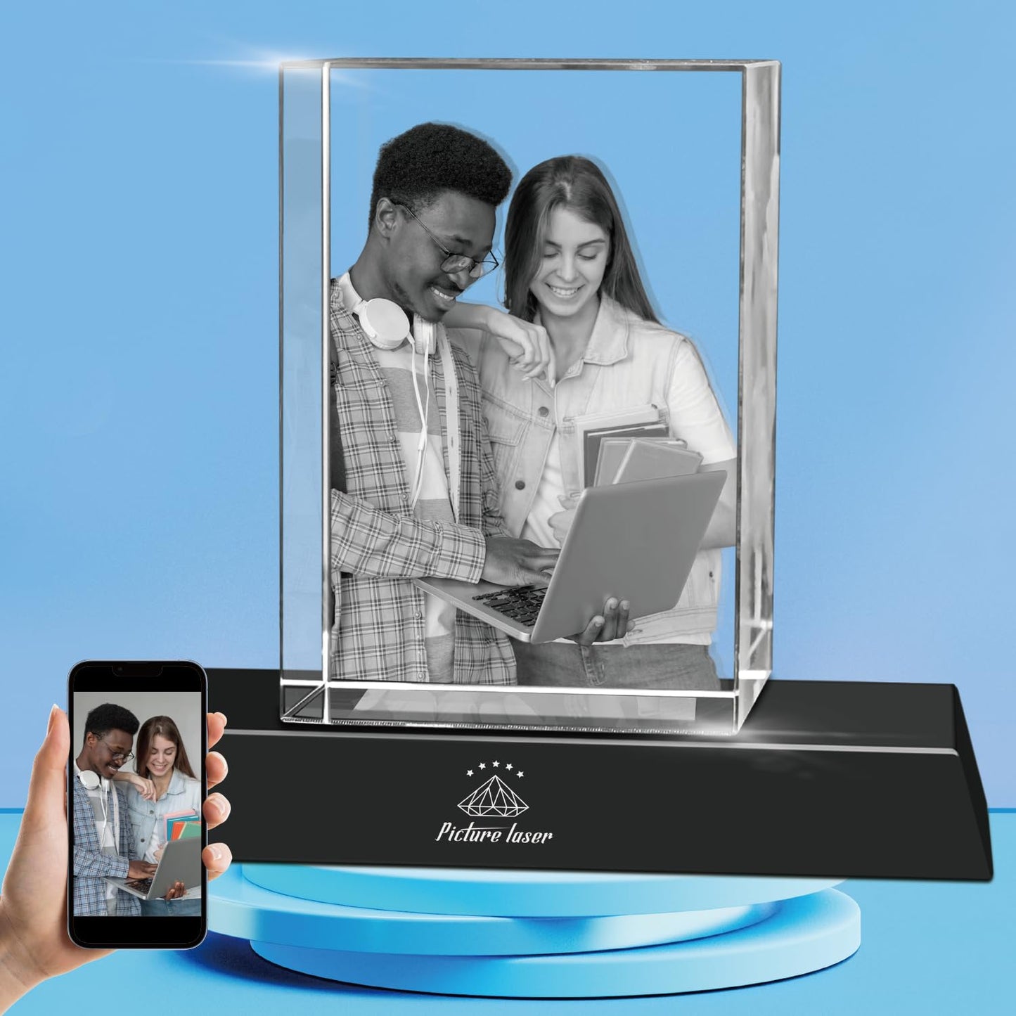 3D Crystal Photo with LED Light Base, Personalized Gifts with Your Own Photo, Laser Engraving 3D Pictures and Customized Text, Small