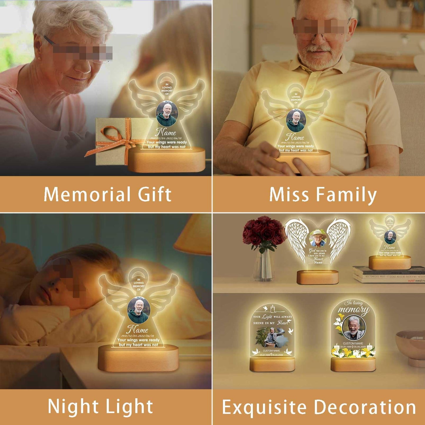 Dicodes Personalized Memorial Gift Photo Night Light Customized Light Up Acrylic Plaque Lamp Sympathy Bereavement Remembrance Gift(Love Wings)