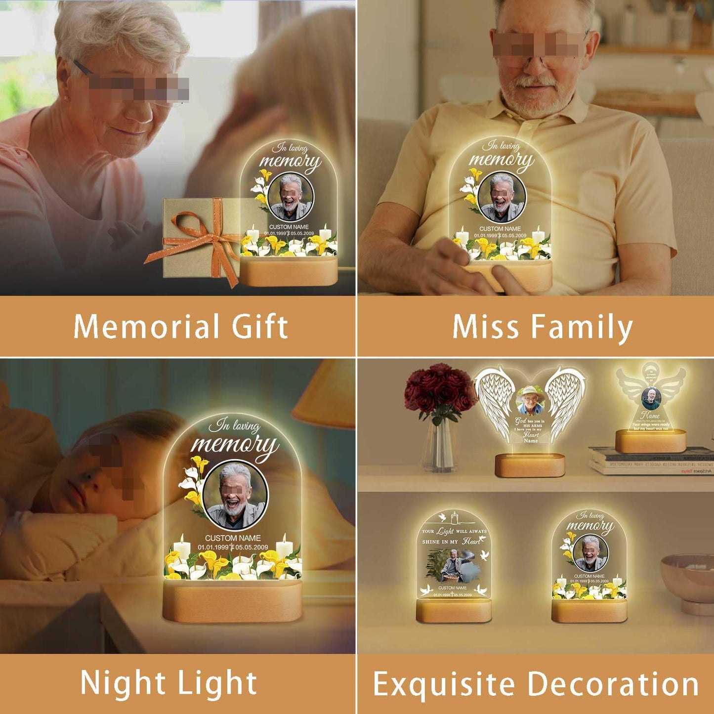 Dicodes Personalized Memorial Gift Photo Night Light Customized Light Up Acrylic Plaque Lamp Sympathy Bereavement Remembrance Gift(Love Wings)