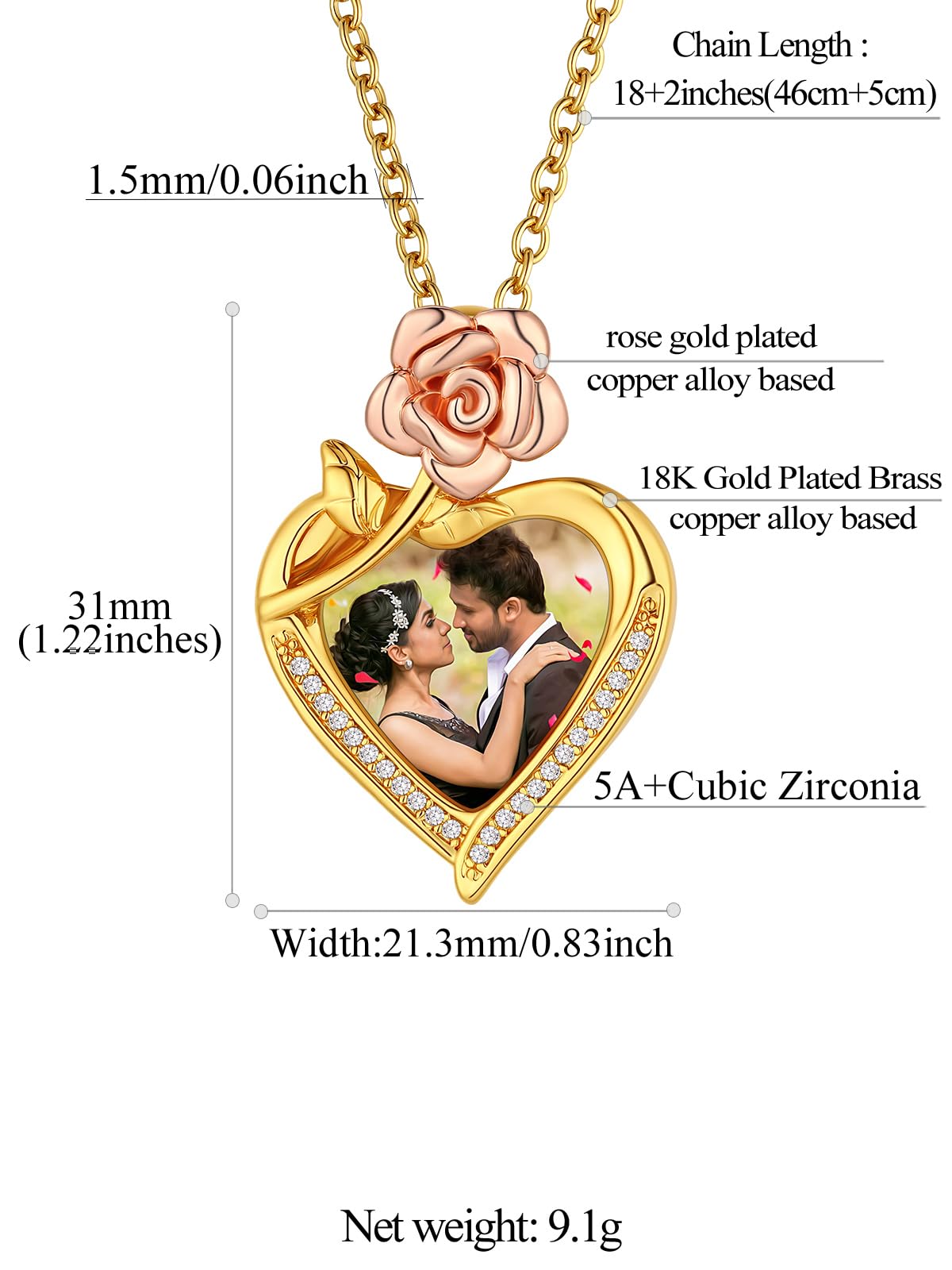 FindChic Customized Heart Photo Necklace Plain/Bling CZ/Rose/Angel Wings/Rotatable 2-Side Picture Pendant Stainless Steel/Gold Plated/Black Valentine's Jewelry Gift for Women Mom Girlfriend +Gift Box