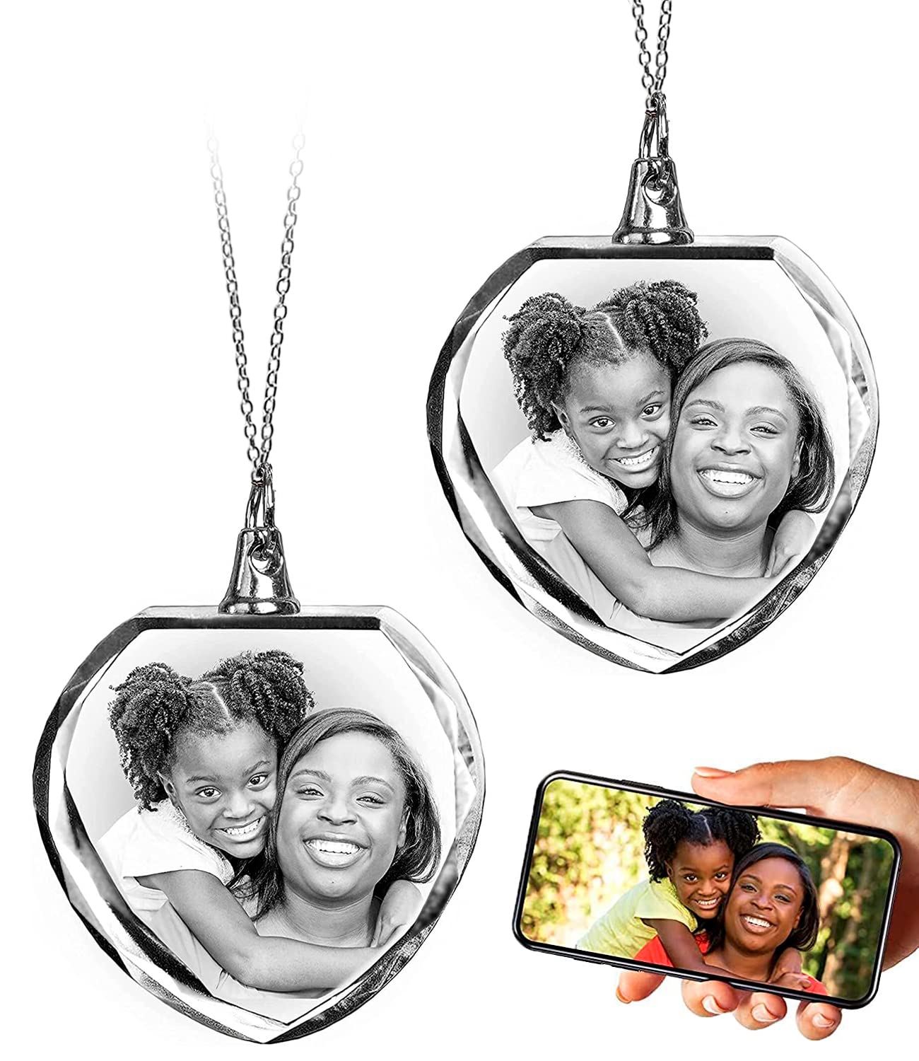 ArtPix 3D Personalized Necklace, 3D Laser Etched Photo Crystal, Engraved Heart Necklaces Accessories, Memorial Birthday Gifts for Mom, Dad, Him, Her, Men, Women, Customized Anniversary Couples Gifts