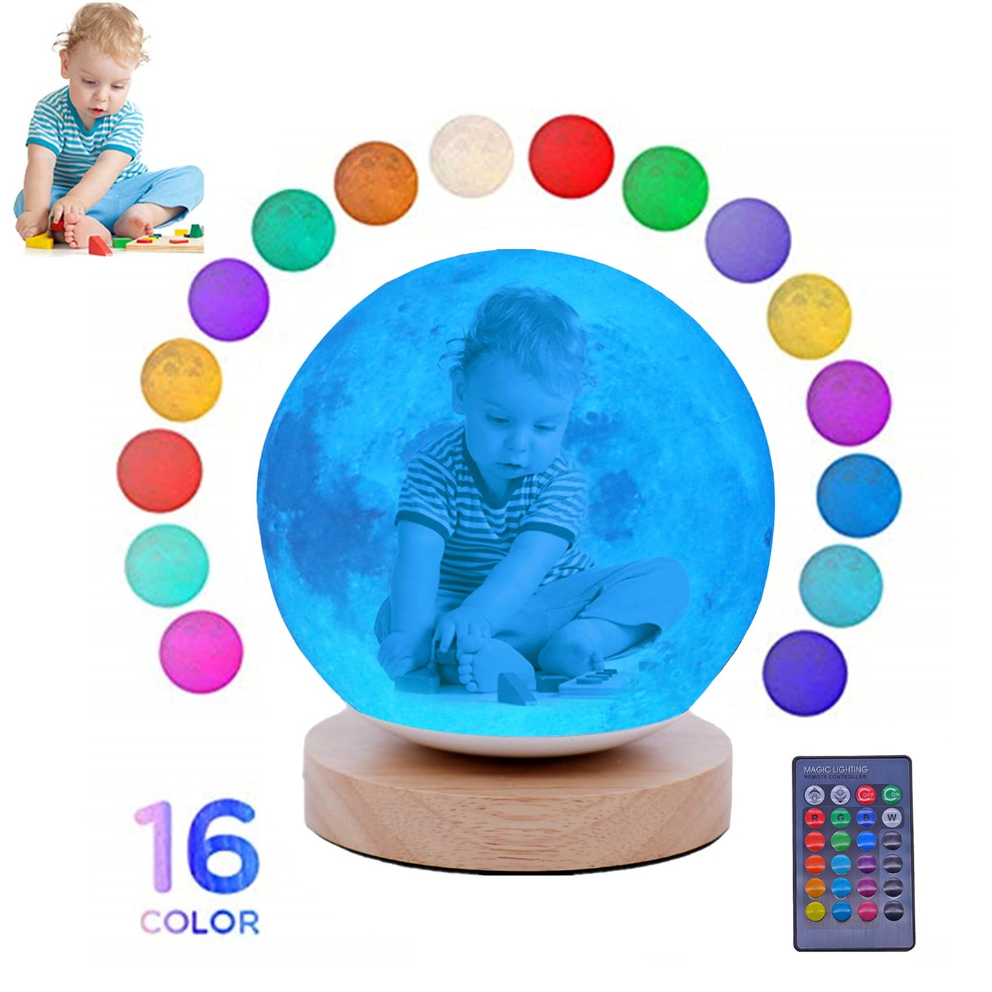 16 Colors Personalized Photo Night Light Customized 3D Printing USB Charging Moon Lamp Moon Light Night Light for Kids Gift for Women Christmas Gift(White 5.9inch/15cm)