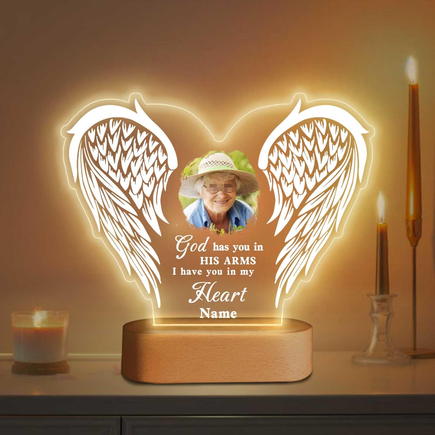 Dicodes Personalized Memorial Gift Photo Night Light Customized Light Up Acrylic Plaque Lamp Sympathy Bereavement Remembrance Gift(Love Wings)