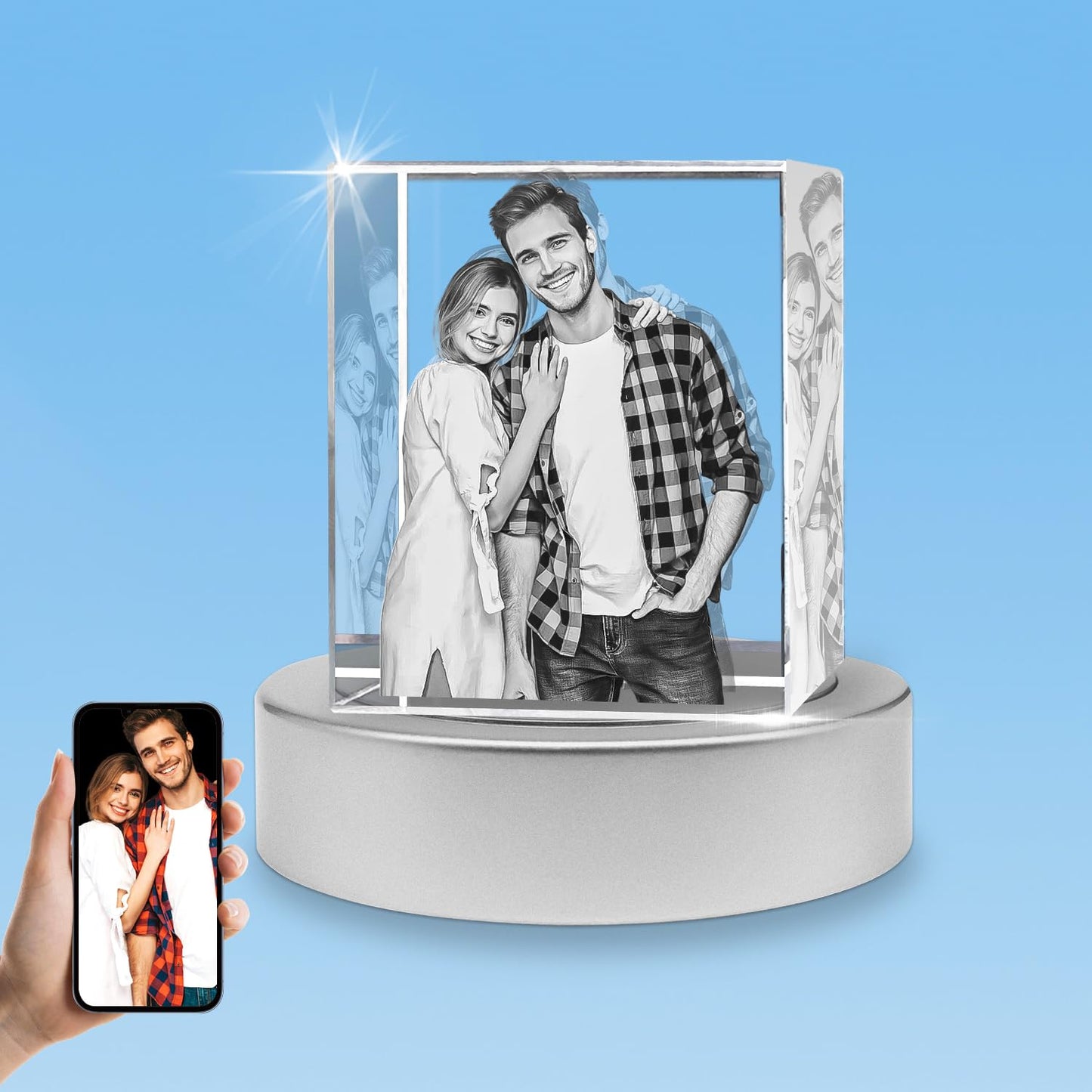 3D Crystal Photo with LED Light Base, Personalized Gifts with Your Own Photo, Laser Engraving 3D Pictures and Customized Text, Small