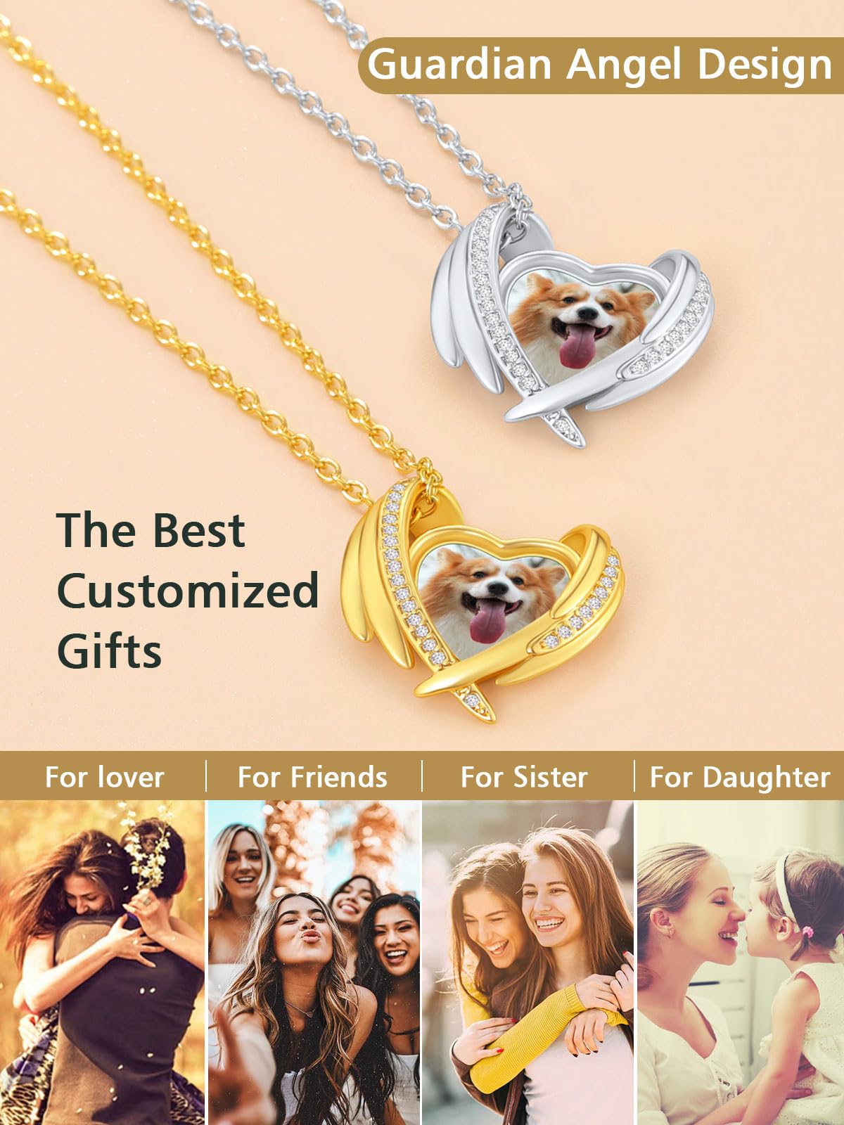 FindChic Customized Heart Photo Necklace Plain/Bling CZ/Rose/Angel Wings/Rotatable 2-Side Picture Pendant Stainless Steel/Gold Plated/Black Valentine's Jewelry Gift for Women Mom Girlfriend +Gift Box