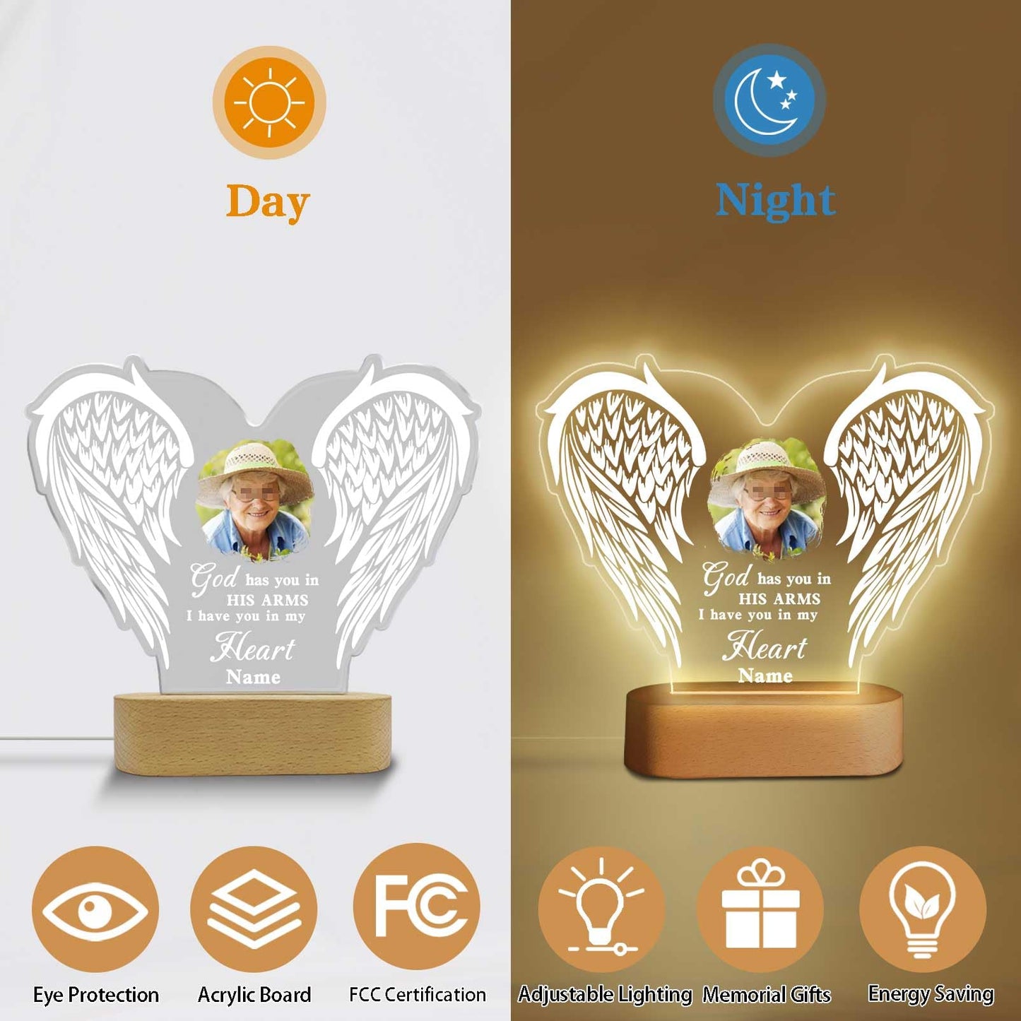 Dicodes Personalized Memorial Gift Photo Night Light Customized Light Up Acrylic Plaque Lamp Sympathy Bereavement Remembrance Gift(Love Wings)