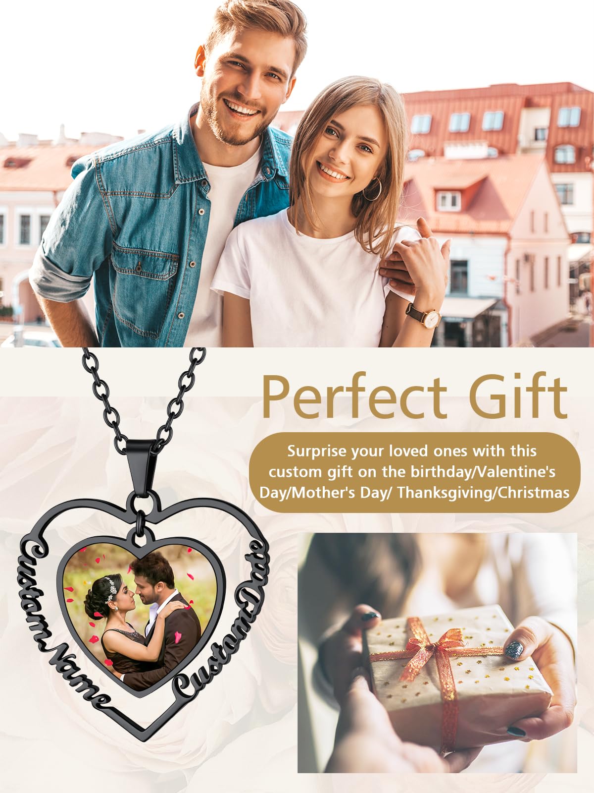 FindChic Customized Heart Photo Necklace Plain/Bling CZ/Rose/Angel Wings/Rotatable 2-Side Picture Pendant Stainless Steel/Gold Plated/Black Valentine's Jewelry Gift for Women Mom Girlfriend +Gift Box