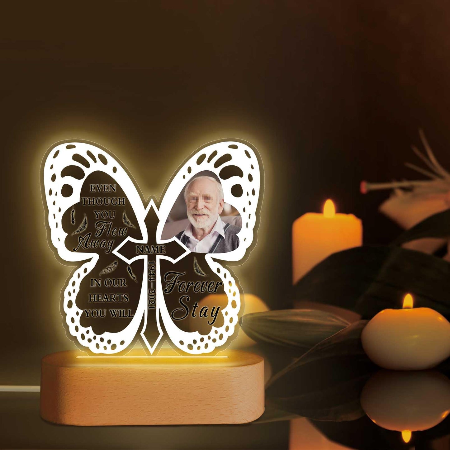 Custom Memorial Night Light Gift Personalized Light Up Acrylic Plaque Lamp Sympathy Gift Condolence Gifts with Picture Name Date(Heart Wing)