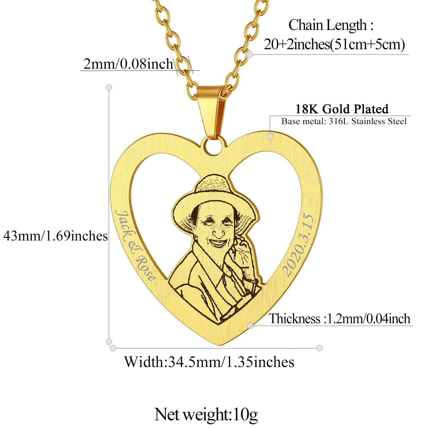 FindChic Customized Heart Photo Necklace Plain/Bling CZ/Rose/Angel Wings/Rotatable 2-Side Picture Pendant Stainless Steel/Gold Plated/Black Valentine's Jewelry Gift for Women Mom Girlfriend +Gift Box