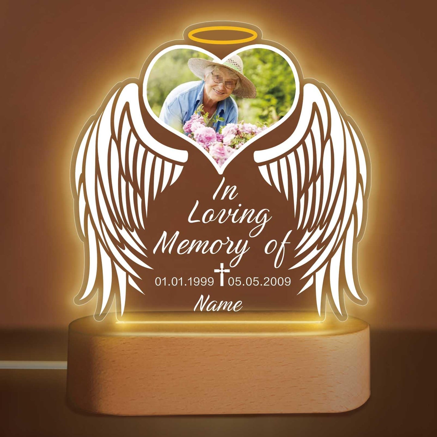 Custom Memorial Night Light Gift Personalized Light Up Acrylic Plaque Lamp Sympathy Gift Condolence Gifts with Picture Name Date(Heart Wing)