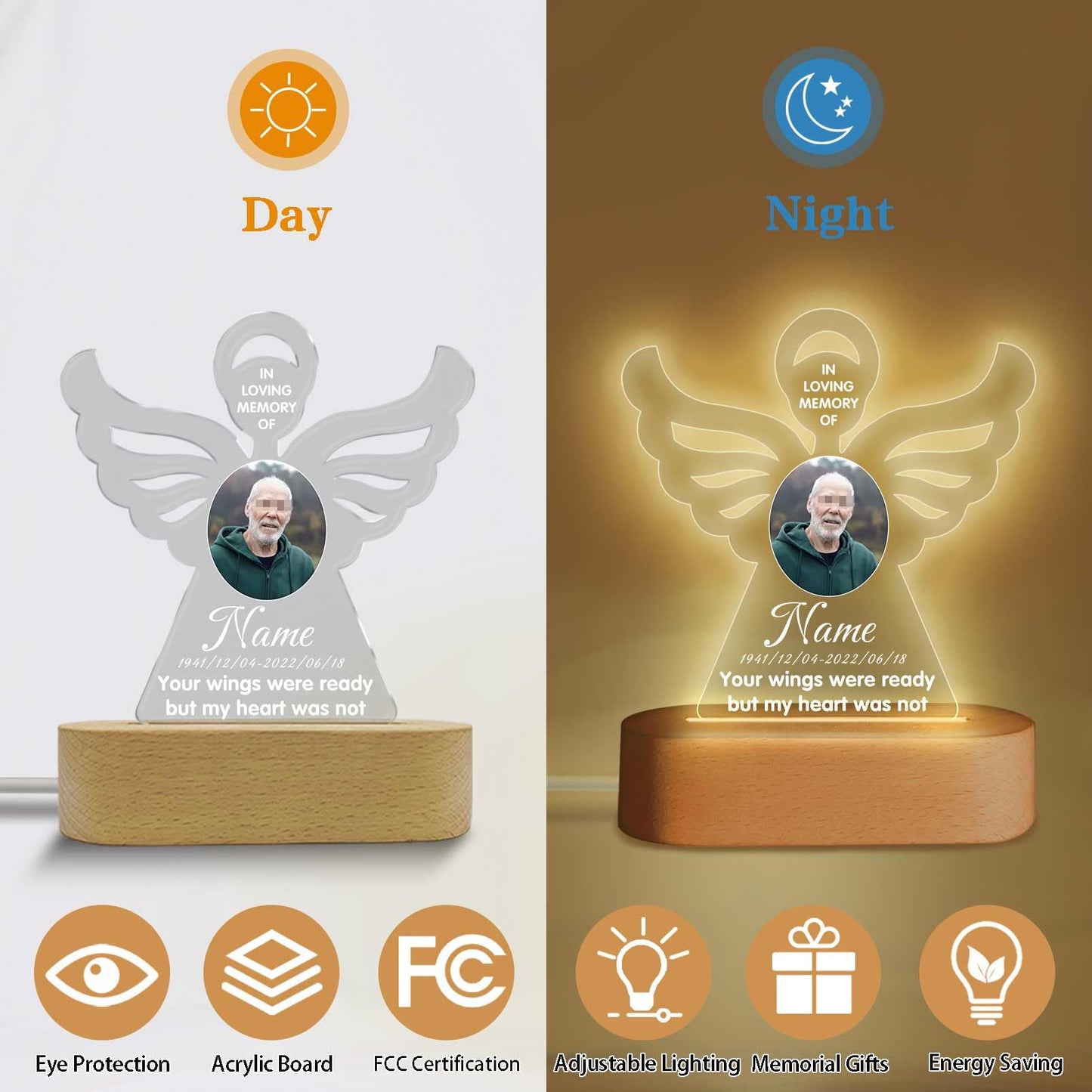 Dicodes Personalized Memorial Gift Photo Night Light Customized Light Up Acrylic Plaque Lamp Sympathy Bereavement Remembrance Gift(Love Wings)