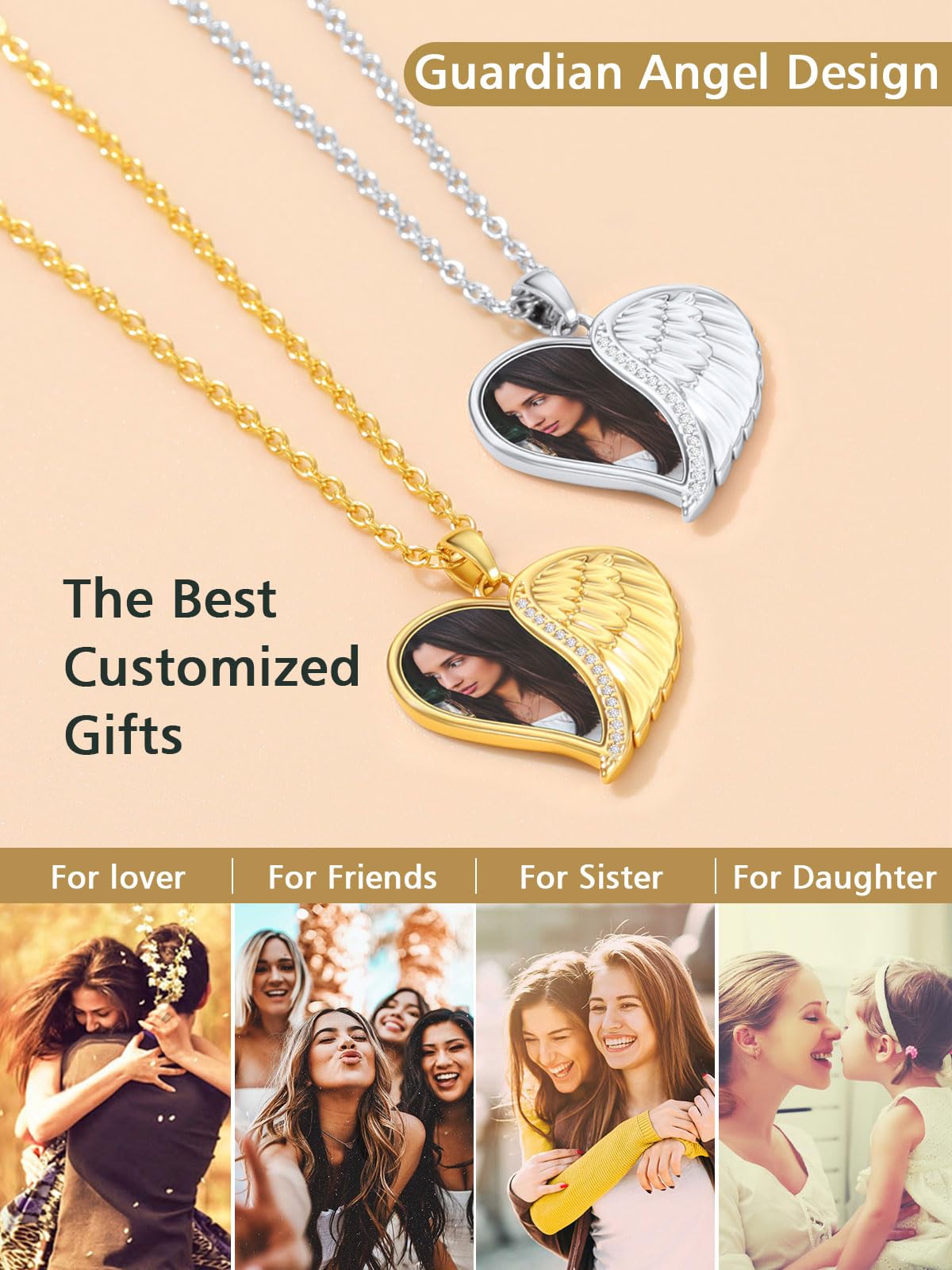 FindChic Customized Heart Photo Necklace Plain/Bling CZ/Rose/Angel Wings/Rotatable 2-Side Picture Pendant Stainless Steel/Gold Plated/Black Valentine's Jewelry Gift for Women Mom Girlfriend +Gift Box