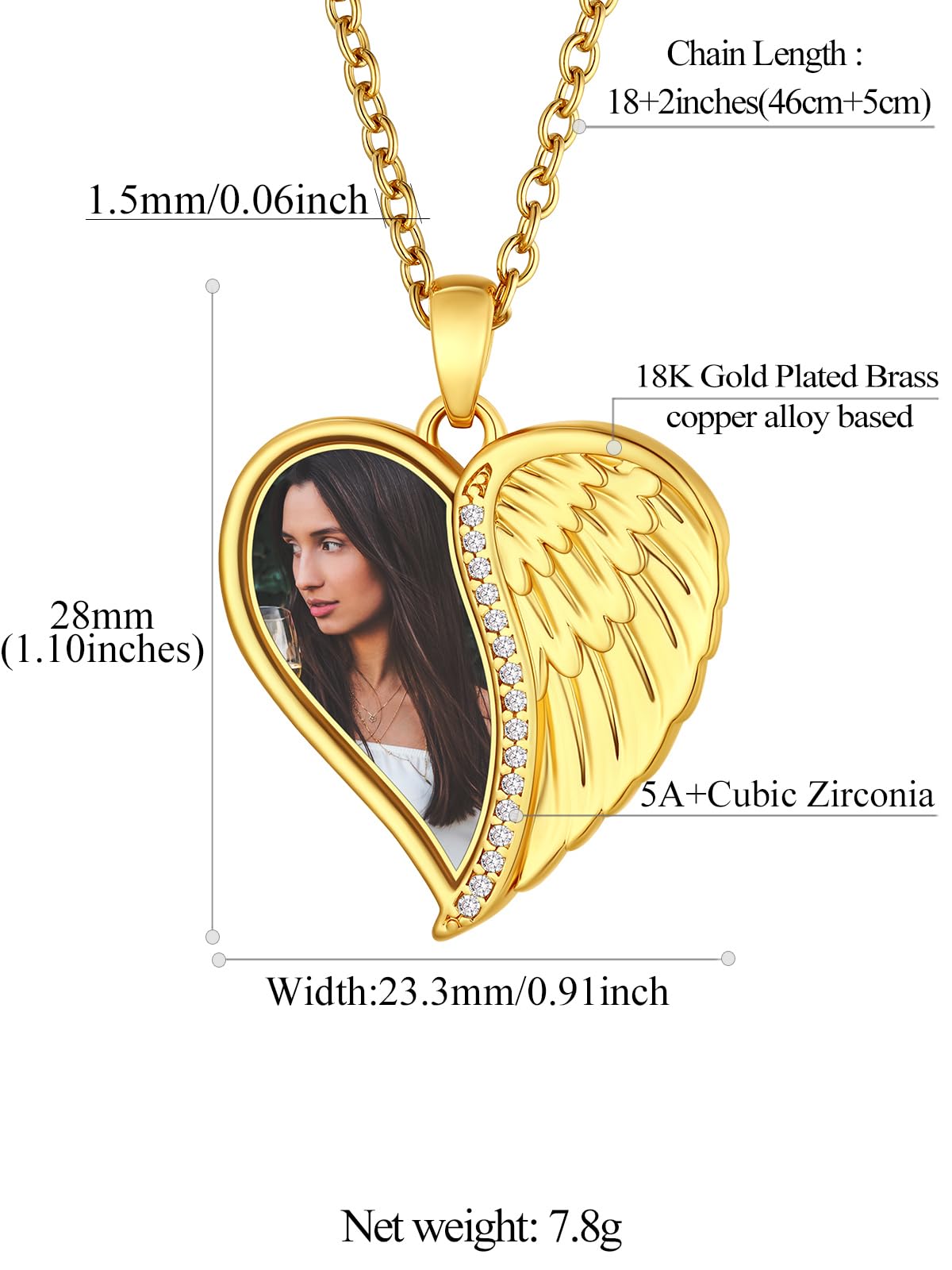 FindChic Customized Heart Photo Necklace Plain/Bling CZ/Rose/Angel Wings/Rotatable 2-Side Picture Pendant Stainless Steel/Gold Plated/Black Valentine's Jewelry Gift for Women Mom Girlfriend +Gift Box