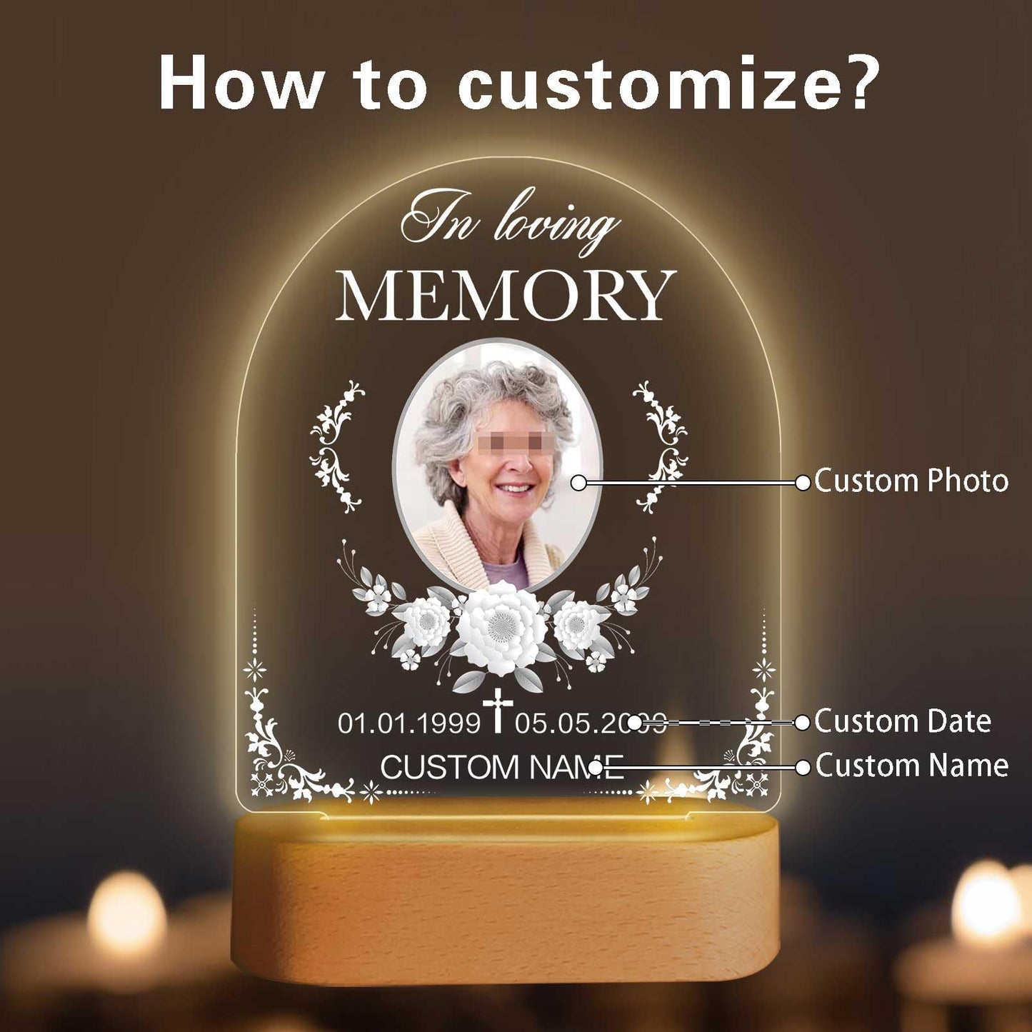 Custom Memorial Night Light Gift Personalized Light Up Acrylic Plaque Lamp Sympathy Gift Condolence Gifts with Picture Name Date(Heart Wing)