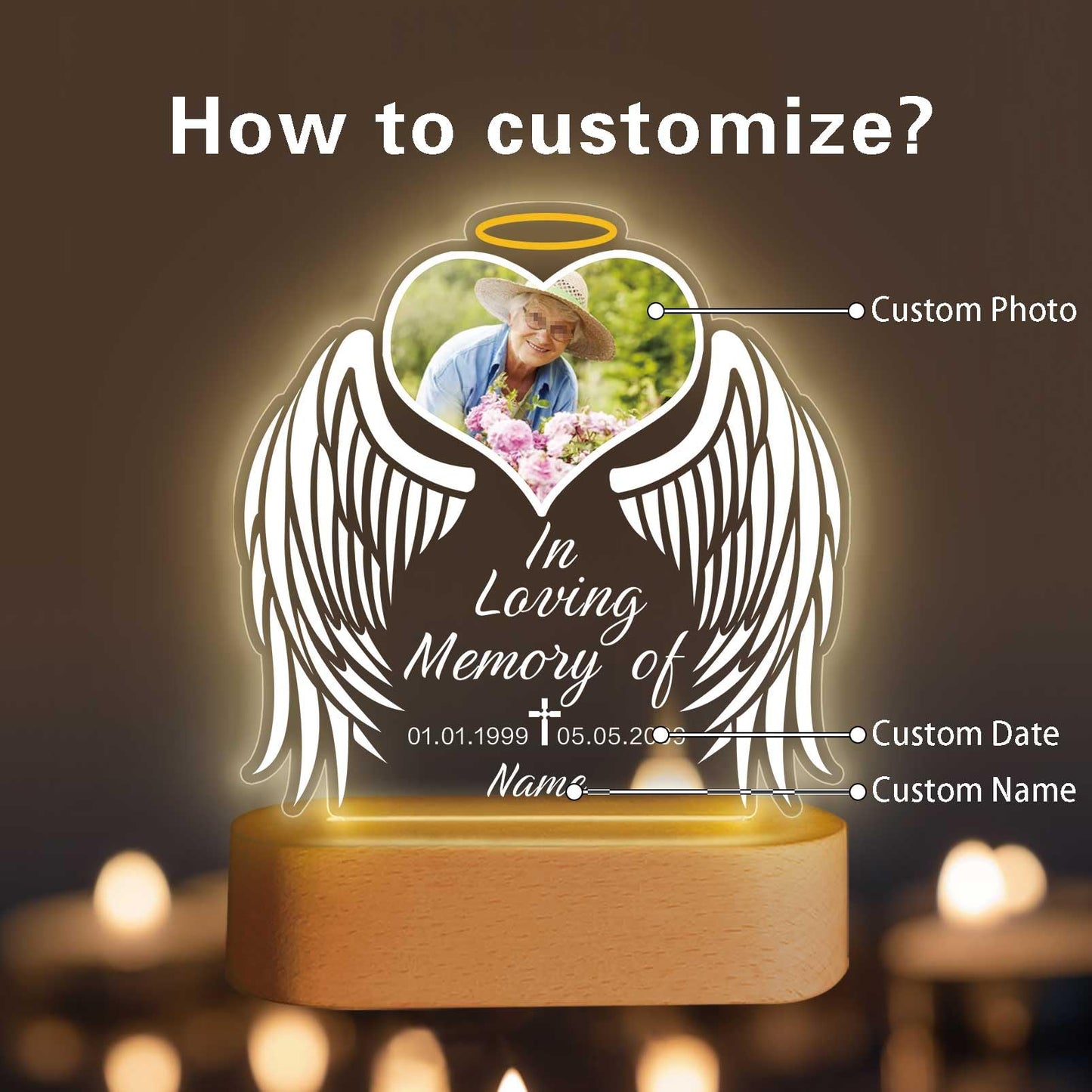 Custom Memorial Night Light Gift Personalized Light Up Acrylic Plaque Lamp Sympathy Gift Condolence Gifts with Picture Name Date(Heart Wing)