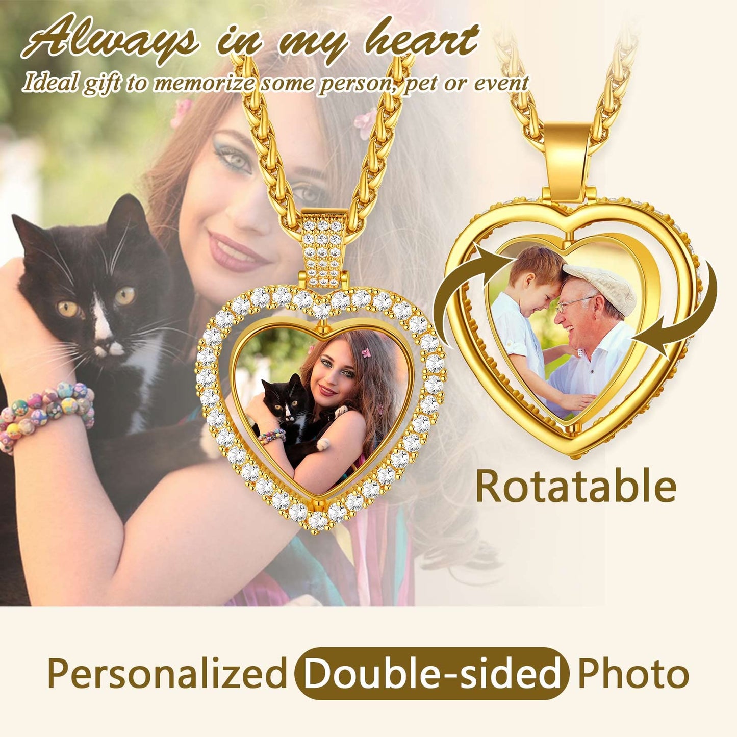 FindChic Customized Heart Photo Necklace Plain/Bling CZ/Rose/Angel Wings/Rotatable 2-Side Picture Pendant Stainless Steel/Gold Plated/Black Valentine's Jewelry Gift for Women Mom Girlfriend +Gift Box